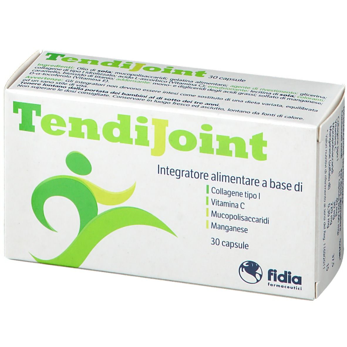Scatola di capsule "TendiJoint". Contiene 30 capsule. Scritta: "Integratore alimentare a base di". Marchio: Fidia.