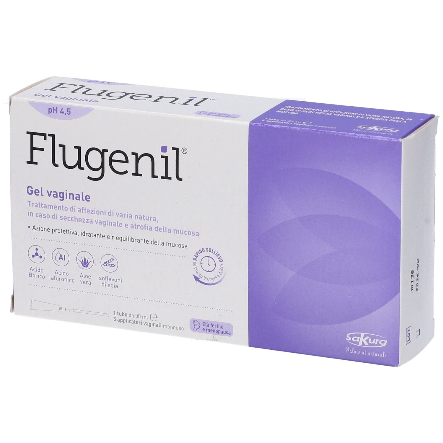 Scatola di gel vaginale. Nome del prodotto e logo visibili. Ingredienti e informazioni sul prodotto. pH 4,5.