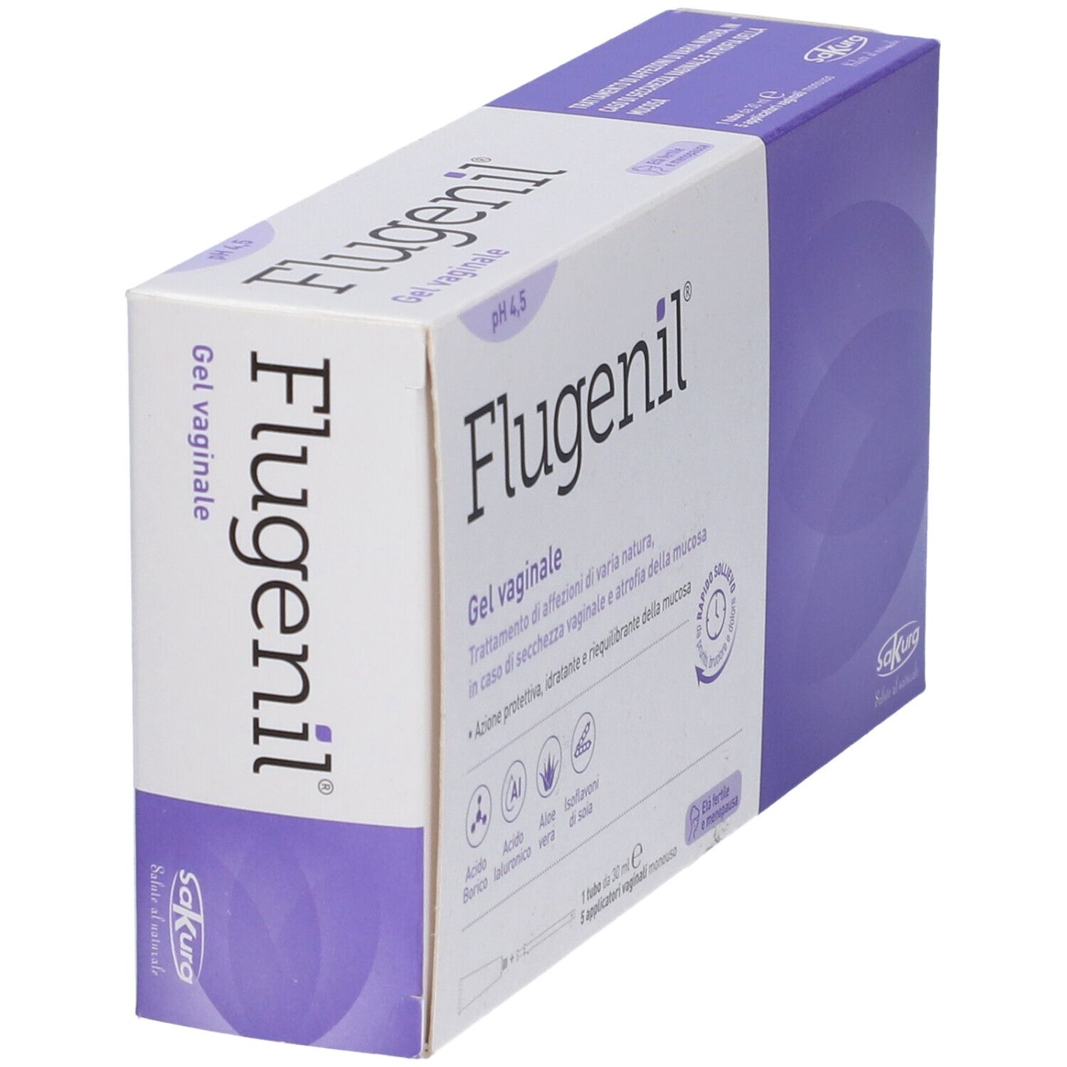 Scatola di gel vaginale. Nome del prodotto e logo visibili. Ingredienti e informazioni sul prodotto. pH 4,5.