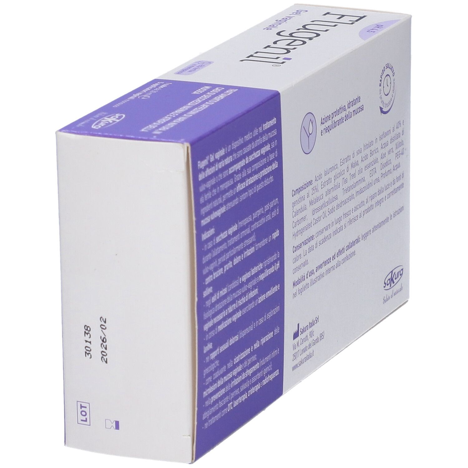 Scatola di gel vaginale. Nome del prodotto e logo visibili. Ingredienti e informazioni sul prodotto. pH 4,5.