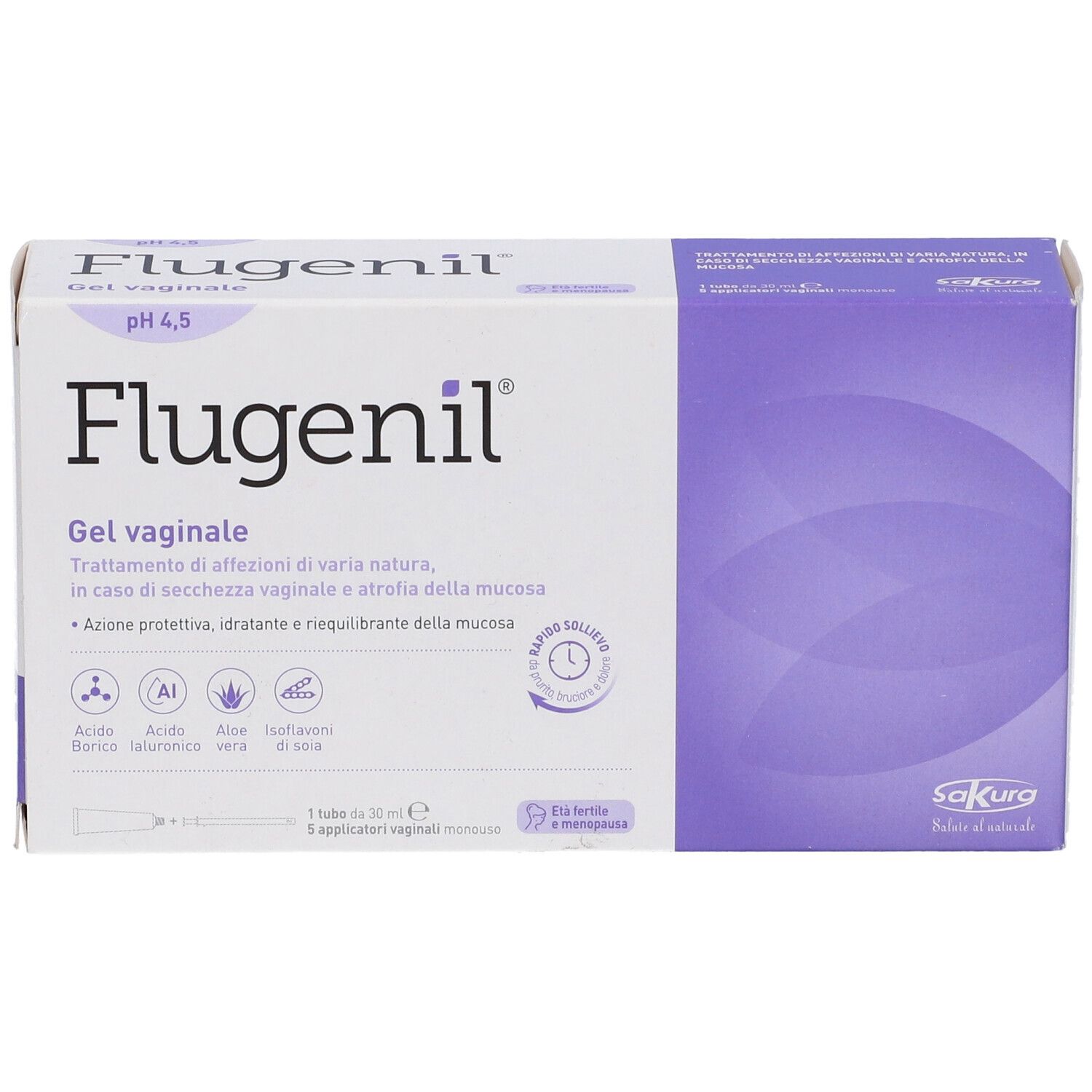 Scatola di gel vaginale. Nome del prodotto e logo visibili. Ingredienti e informazioni sul prodotto. pH 4,5.