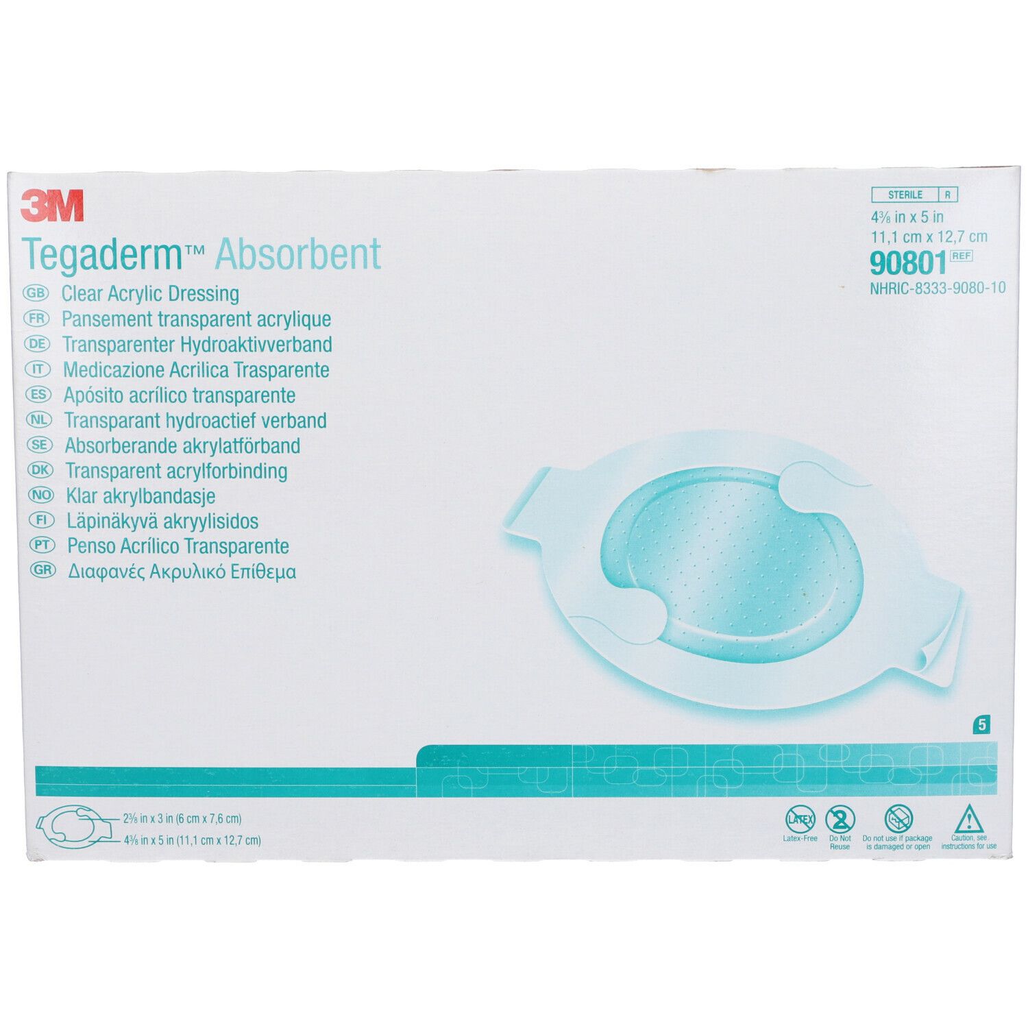 Confezione di 3M Tegaderm Absorbent. Medicazione trasparente. Dimensioni: 11,1 cm x 12,7 cm. Codice prodotto 90801.