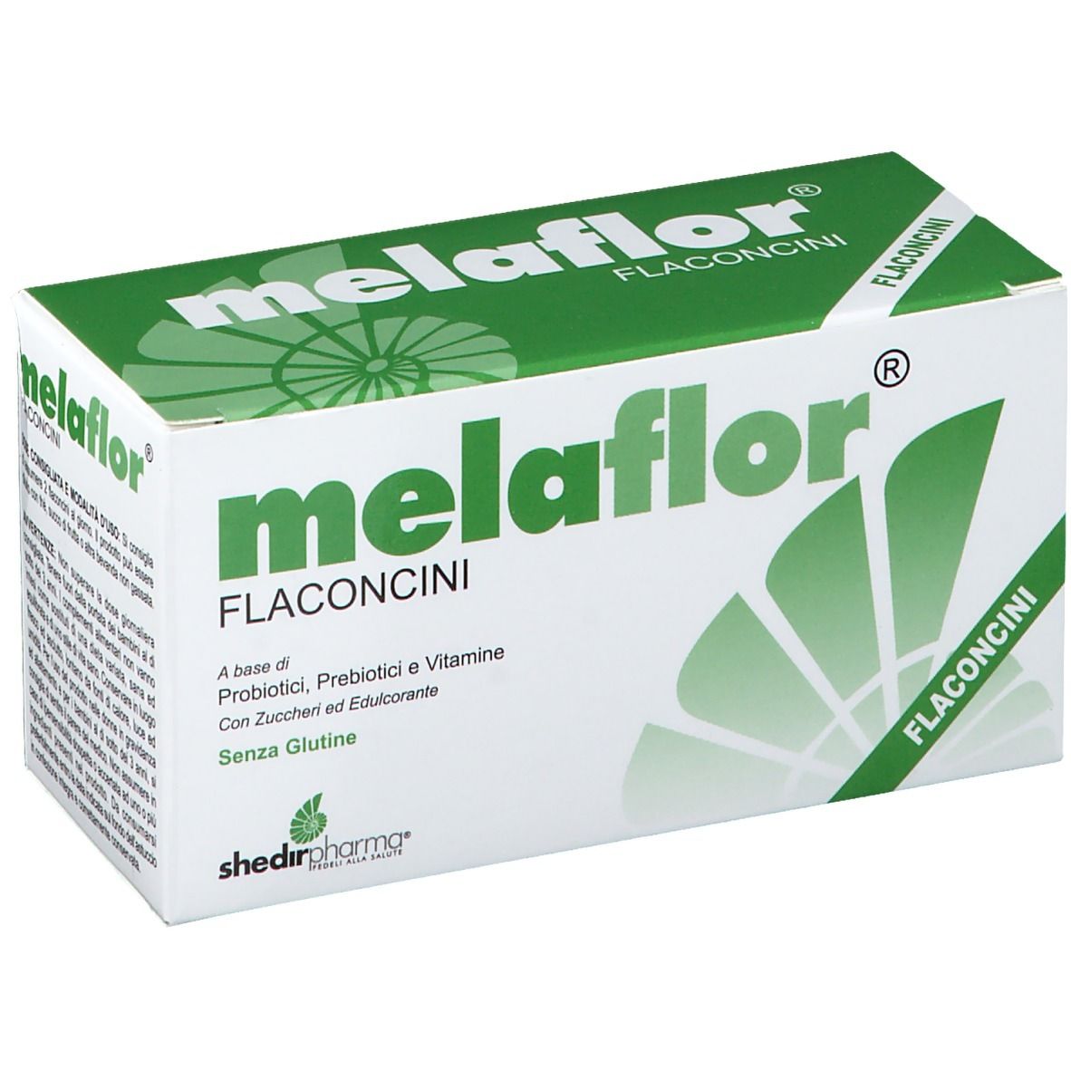 Scatola bianca e verde. Scritta: Melaflor Flaconcini. Contiene probiotici, prebiotici e vitamine. Senza glutine.