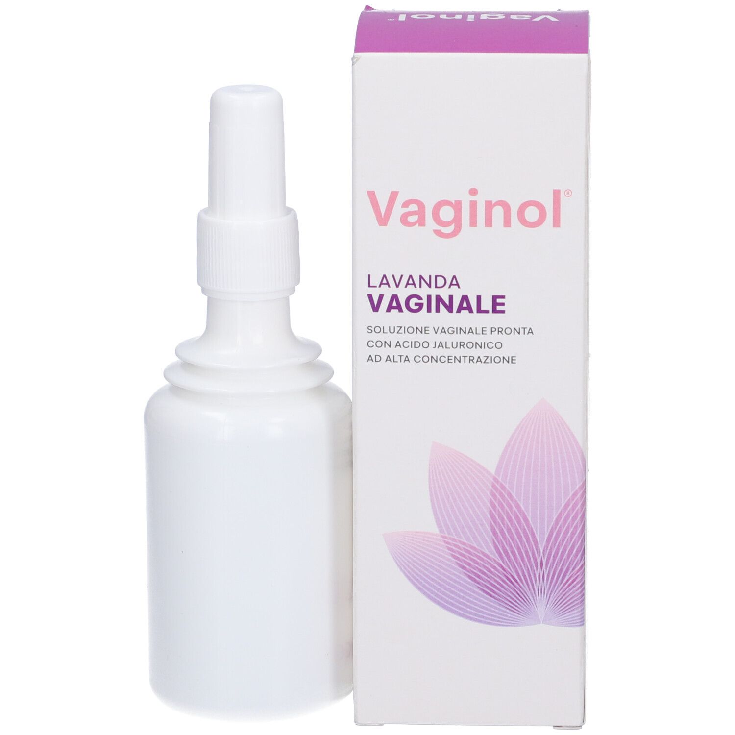 Flacone bianco con applicatore e confezione. Sulla confezione 'Vaginol' e 'Lavanda Vaginale'.