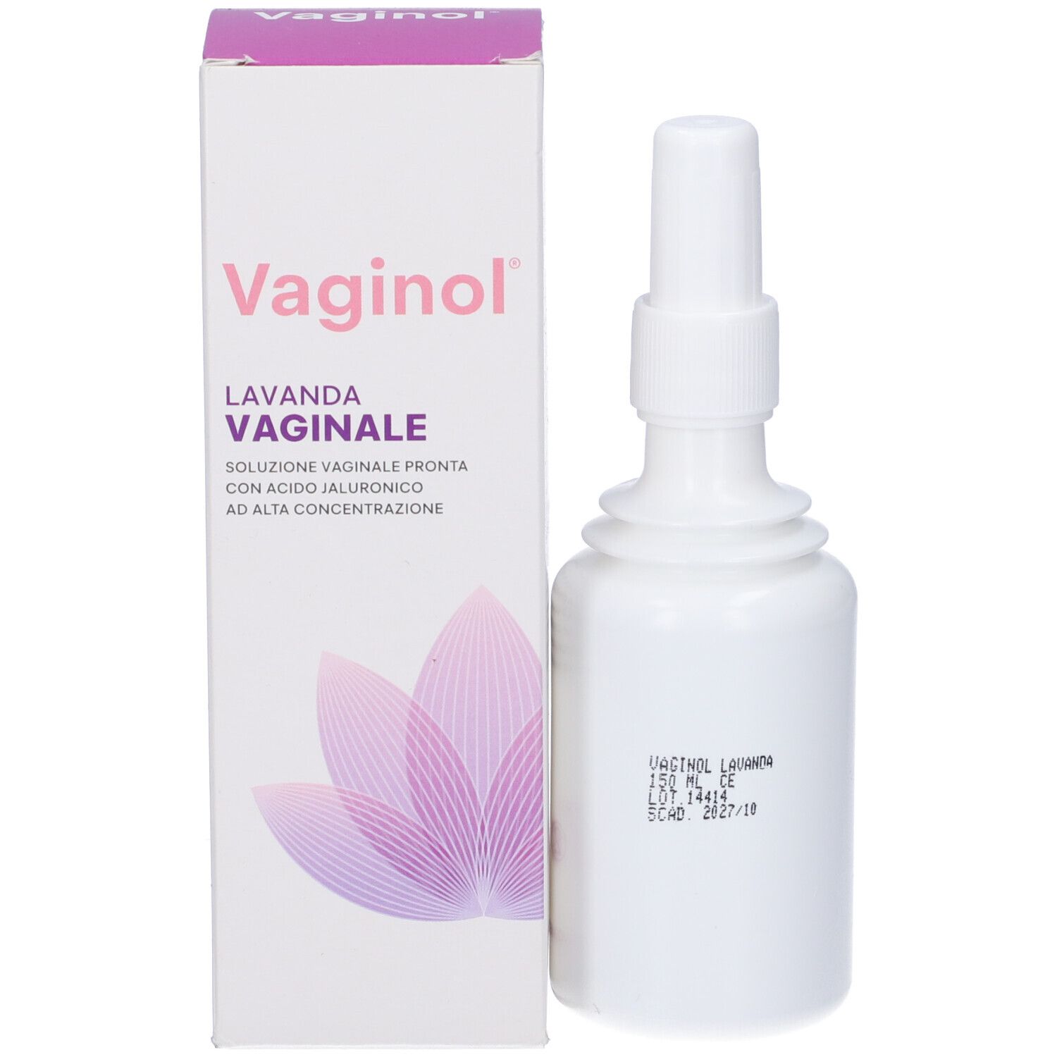 Flacone bianco con applicatore e confezione. Sulla confezione 'Vaginol' e 'Lavanda Vaginale'.