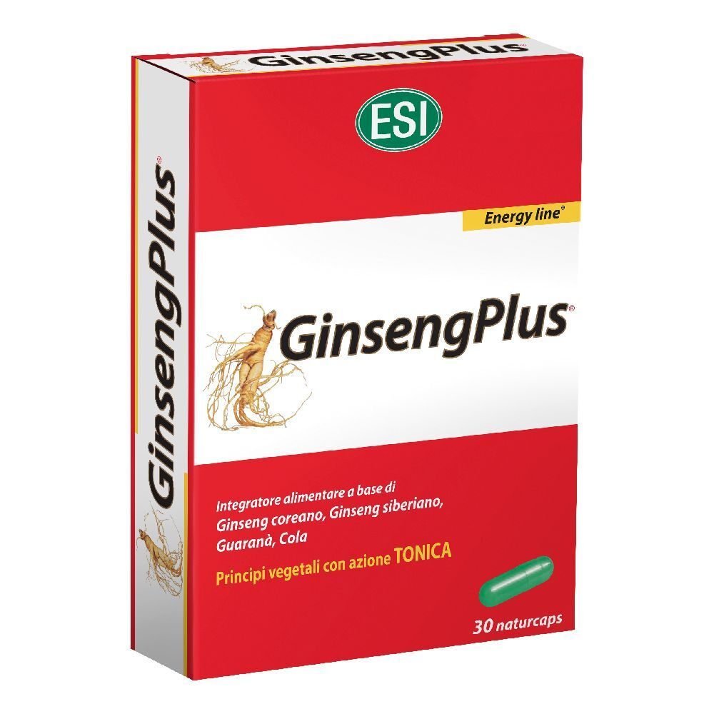 Scatola rossa GinsengPlus con logo ESI. Scritta GinsengPlus e 30 Naturcaps. Contiene estratti vegetali.