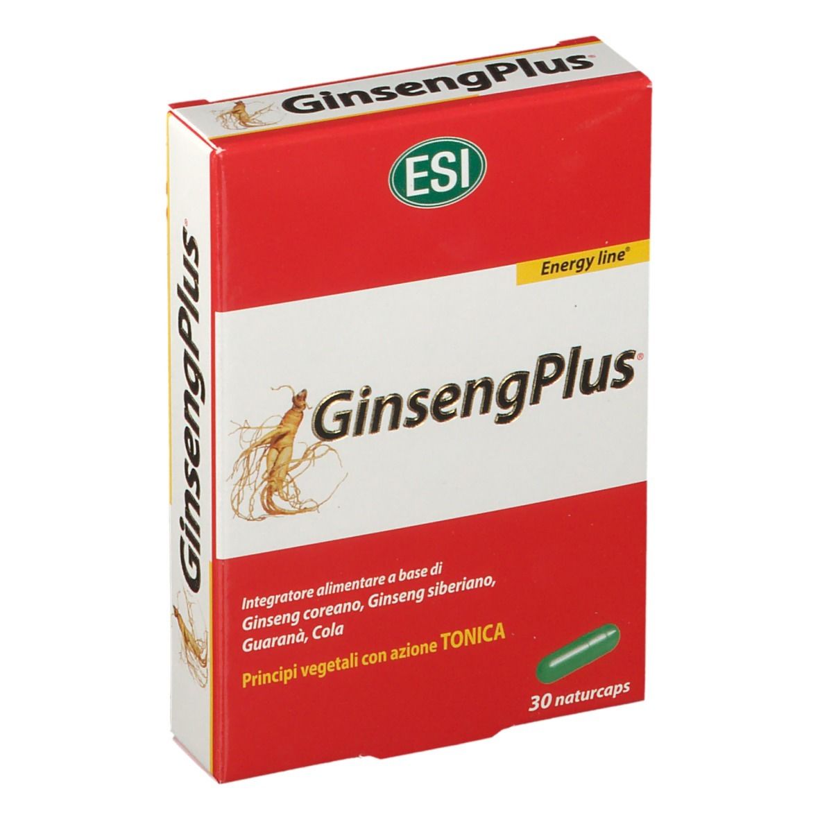 Scatola rossa GinsengPlus con logo ESI. Scritta GinsengPlus e 30 Naturcaps. Vista del prodotto.
