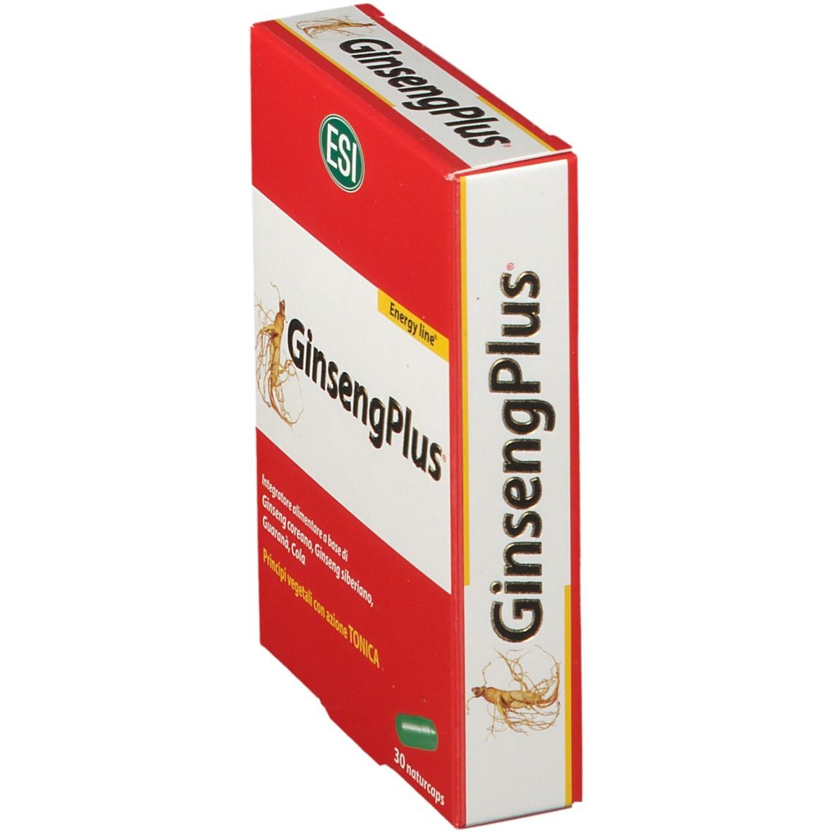 Scatola rossa GinsengPlus con logo ESI. Scritta GinsengPlus e 30 Naturcaps. Vista prospettica.