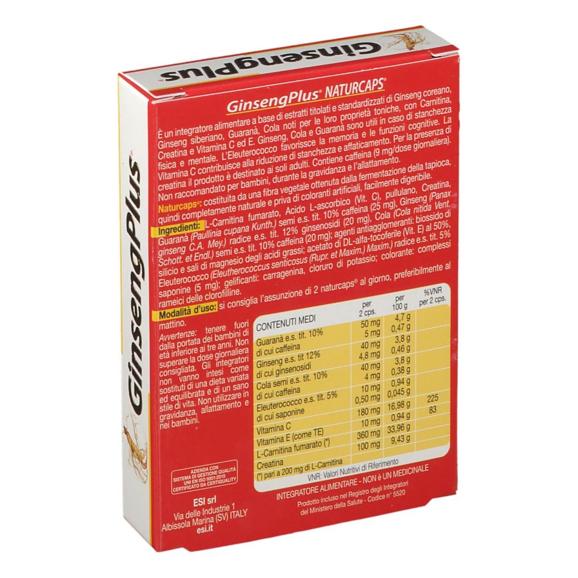 Scatola rossa GinsengPlus con logo ESI. Retro con ingredienti e tabella nutrizionale. Testo in italiano.