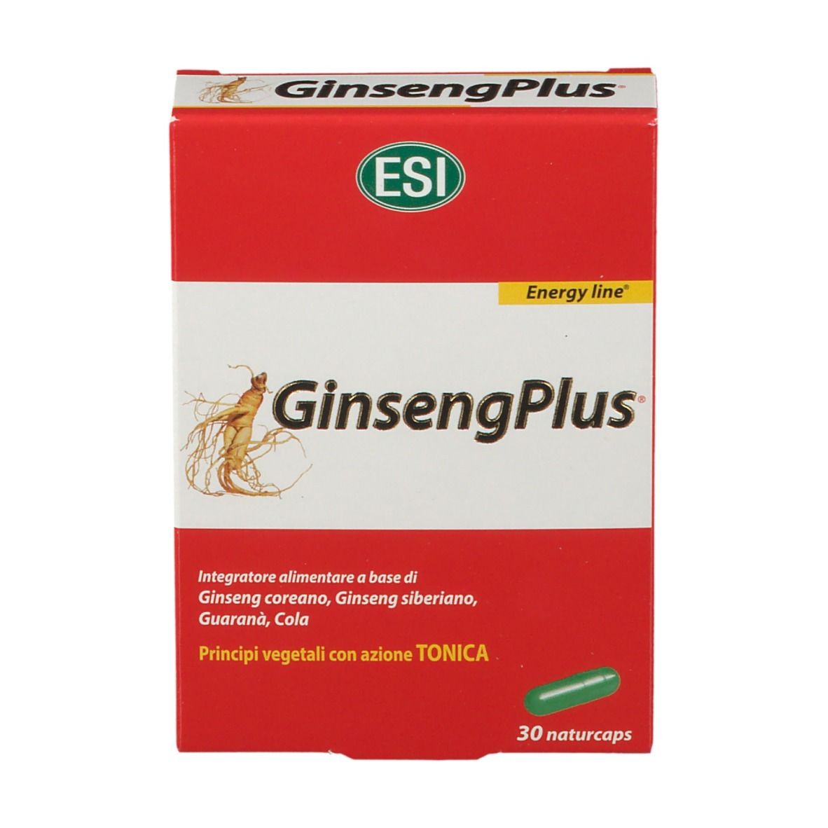 Scatola rossa GinsengPlus con logo ESI. Scritta GinsengPlus e 30 Naturcaps. Vista del prodotto.