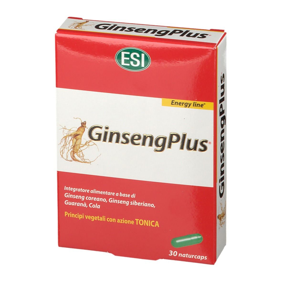 Scatola rossa GinsengPlus con logo ESI. Scritta GinsengPlus e 30 Naturcaps. Vista del prodotto.