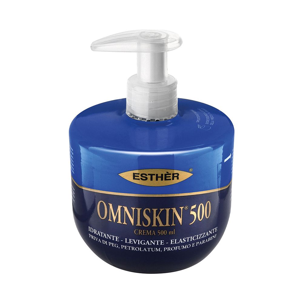Flacone blu con pompa. Scritta: OMNISKIN® 500, Crema. Produttore: ESTHÈR. Testo: IDRATANTE - LEVIGANTE - ELASTICIZZANTE.