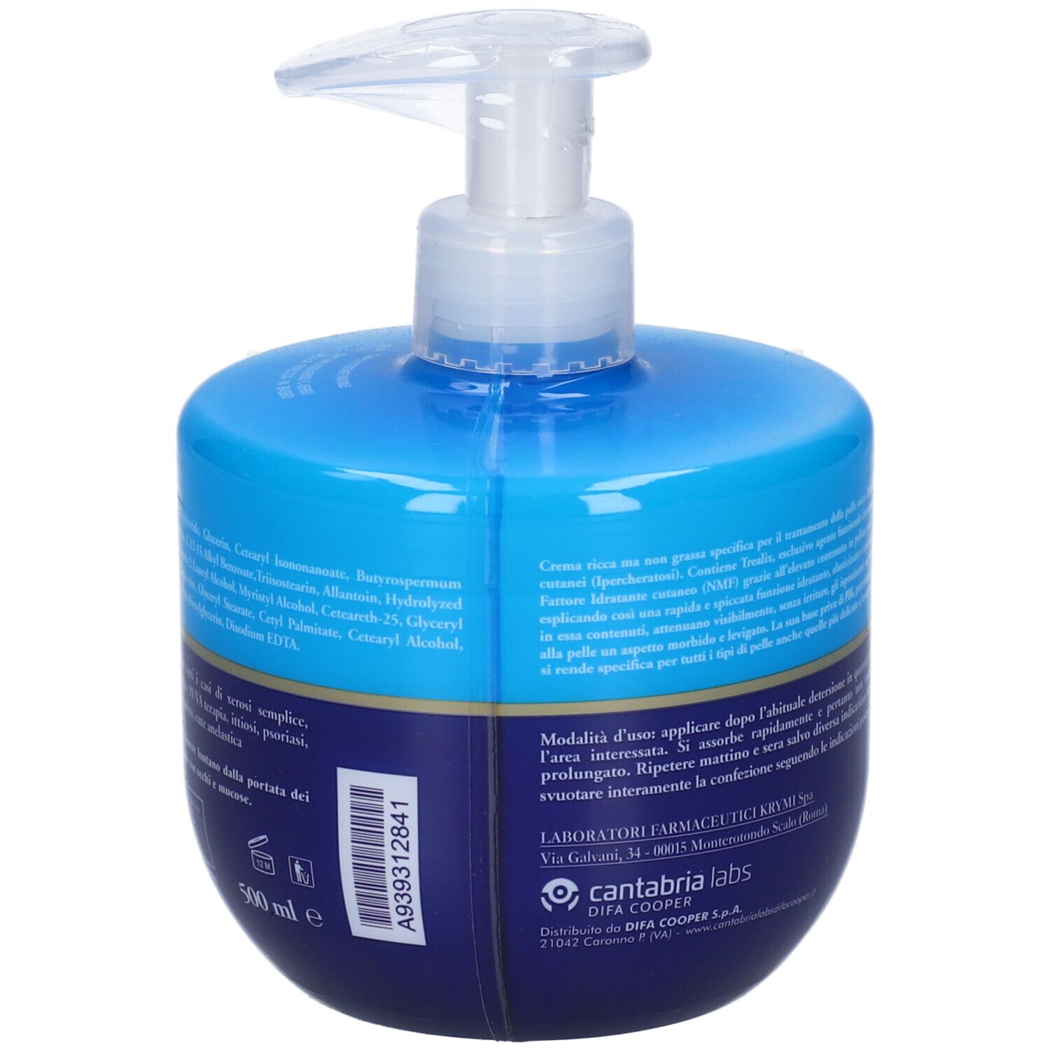 Flacone blu con pompa. Scritta: OMNISKIN® 500, Crema. Produttore: ESTHÈR. Testo in italiano. Retro con testo.