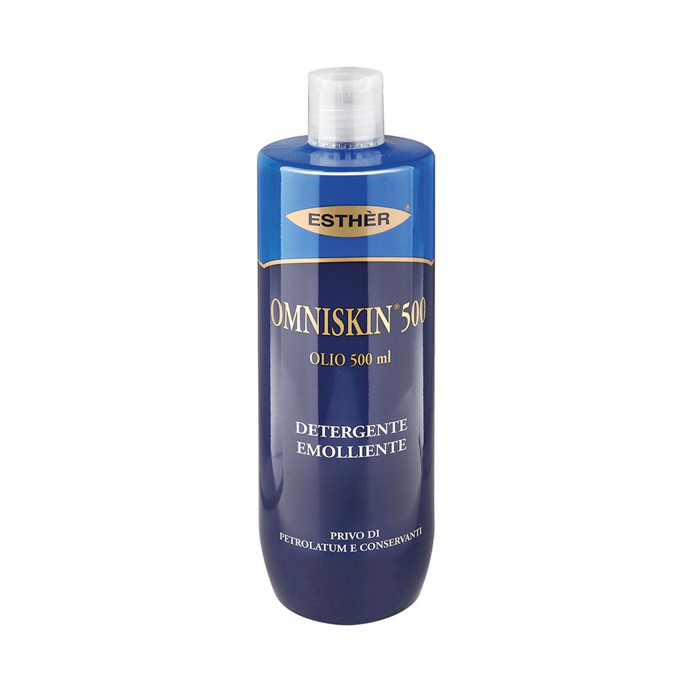 Flacone blu e bianco. "Esthèr" in alto. "Omniskin 500", "Olio 500 ml", "Detergente emolliente" sotto.