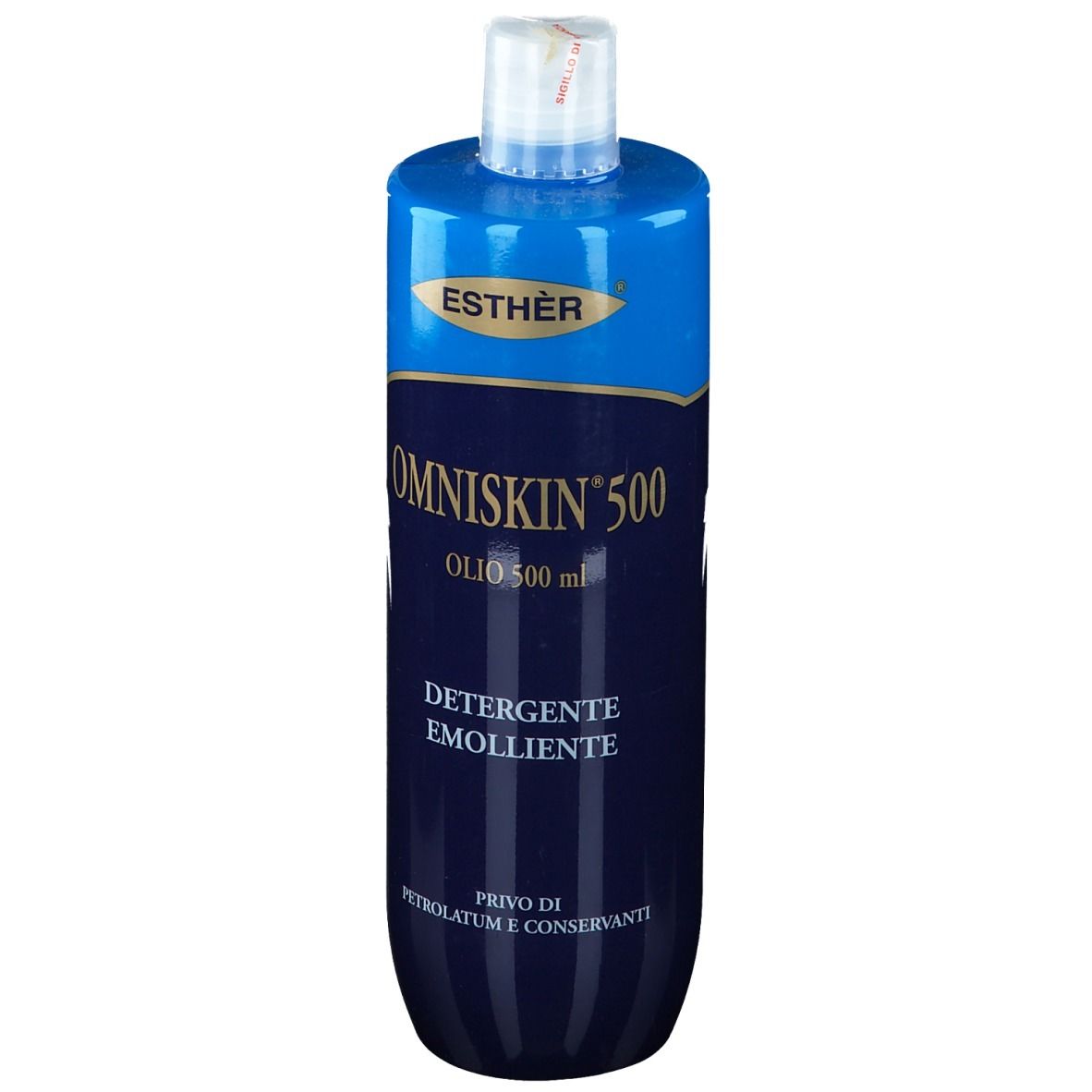Flacone blu e bianco. "Esthèr" e "Omniskin 500" visibili. "Olio 500 ml". "Detergente emolliente".