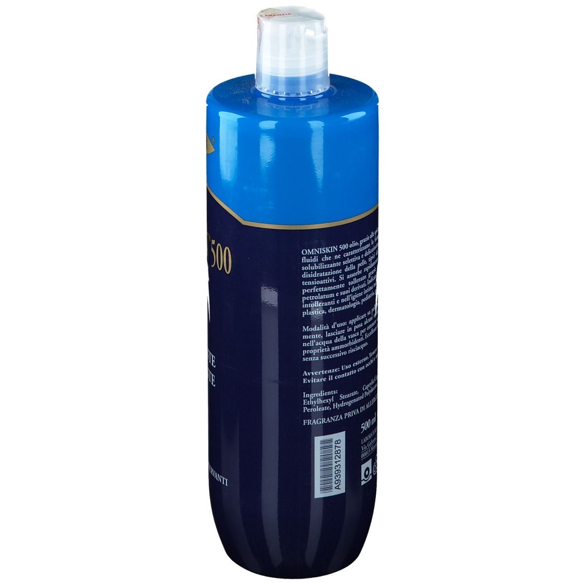 Flacone blu e bianco. Testo sul retro. "Omniskin 500". "Olio 500 ml". Etichetta con testo e codice a barre.