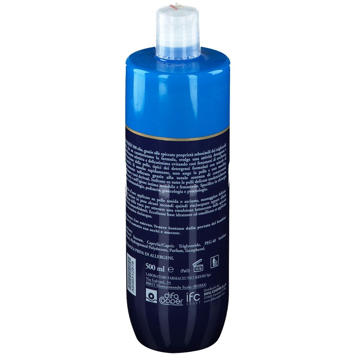Flacone blu e bianco. Testo sul retro. "Omniskin 500". "Olio 500 ml". Ingredienti e informazioni.