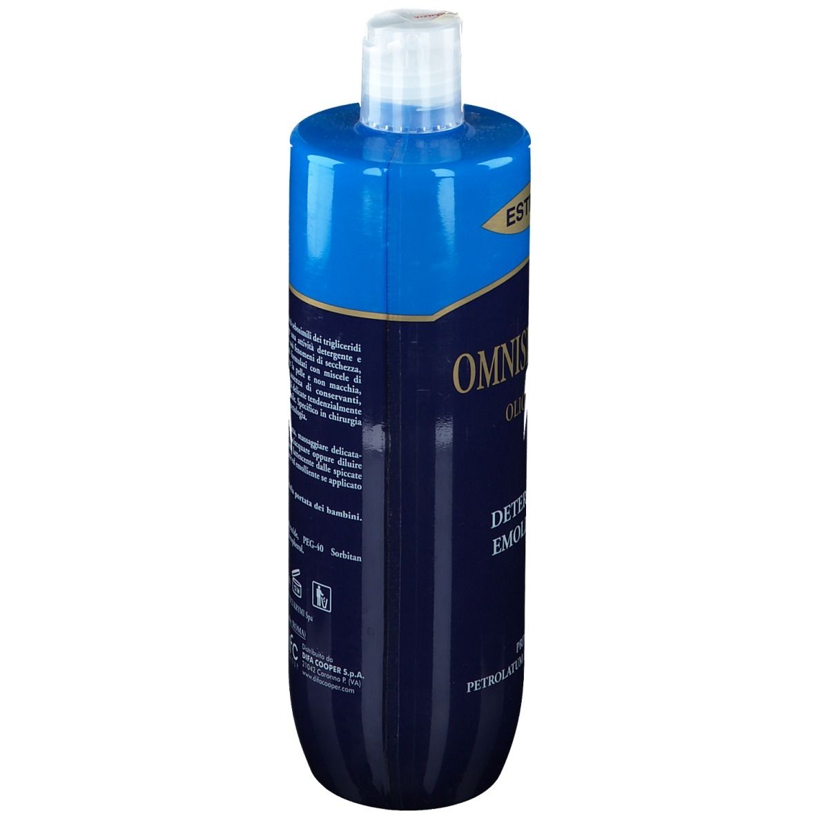 Flacone blu e bianco. Testo sul retro. "Omniskin 500". "Olio 500 ml". Informazioni e loghi.