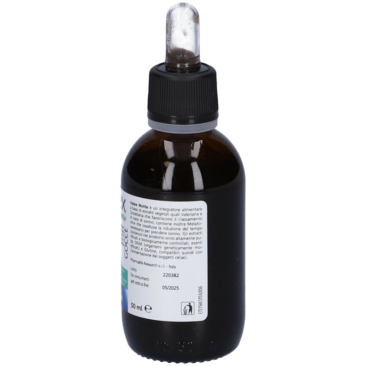 Flacone di vetro marrone con tappo nero e pipetta. Etichetta con testo e 50 ml.