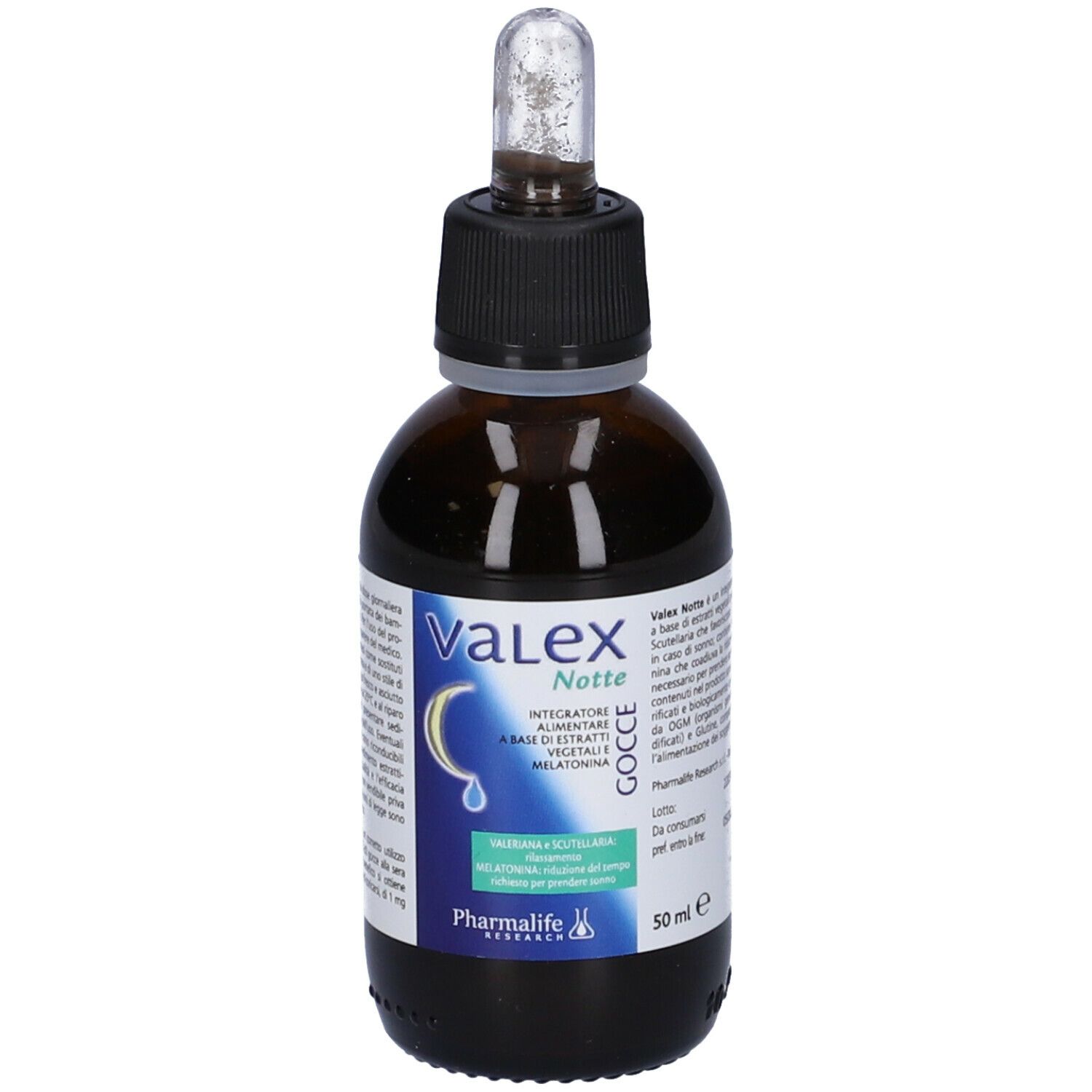 Flacone di vetro marrone con tappo nero e pipetta. Scritta: Valex Notte Gocce.