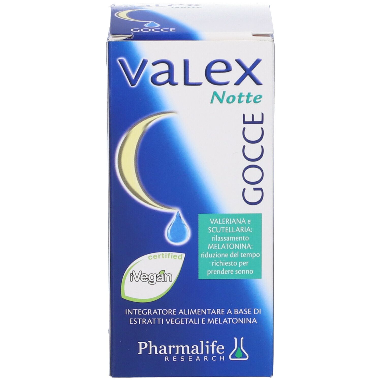 Confezione. Scritta: Valex Notte Gocce. Certificazione Vegan.