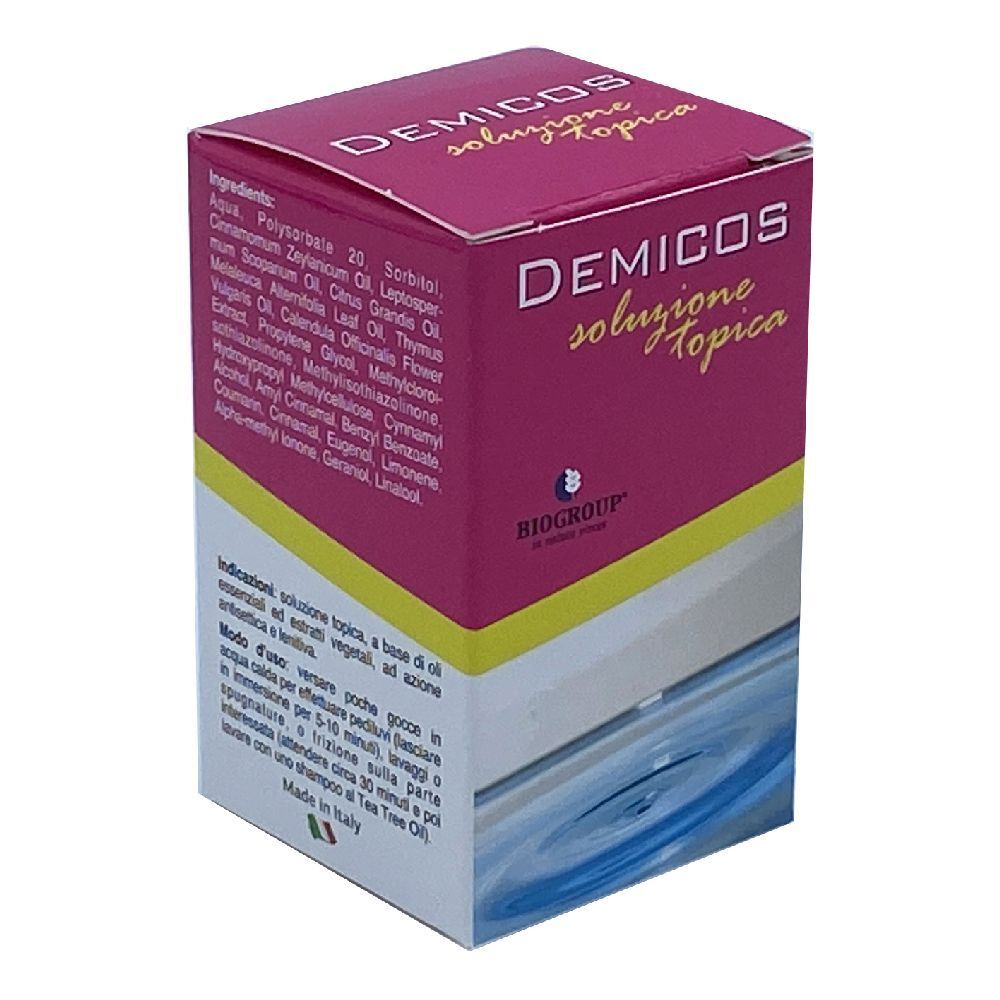 Scatola rosa e bianca con testo Demicos soluzione topica. Ingredienti e istruzioni per l'uso.