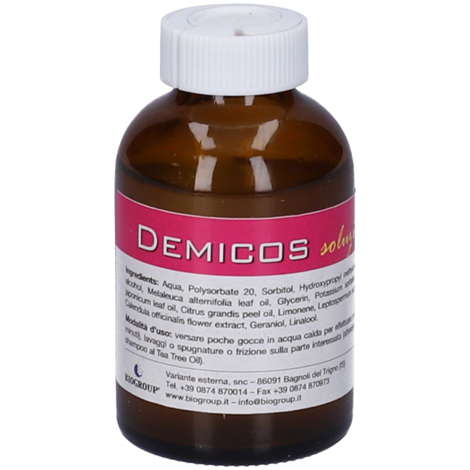 Flacone di vetro marrone con tappo bianco. Etichetta: Demicos soluzione topica. Ingredienti.