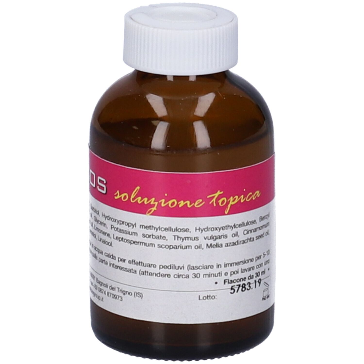 Flacone di vetro marrone con tappo bianco. Etichetta: Demicos soluzione topica. Ingredienti.