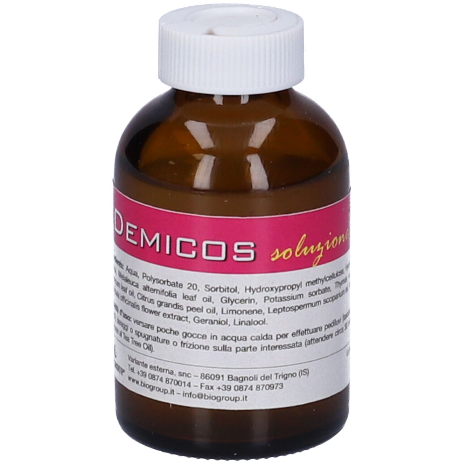 Flacone di vetro marrone con tappo bianco. Etichetta: Demicos soluzione topica. Ingredienti.
