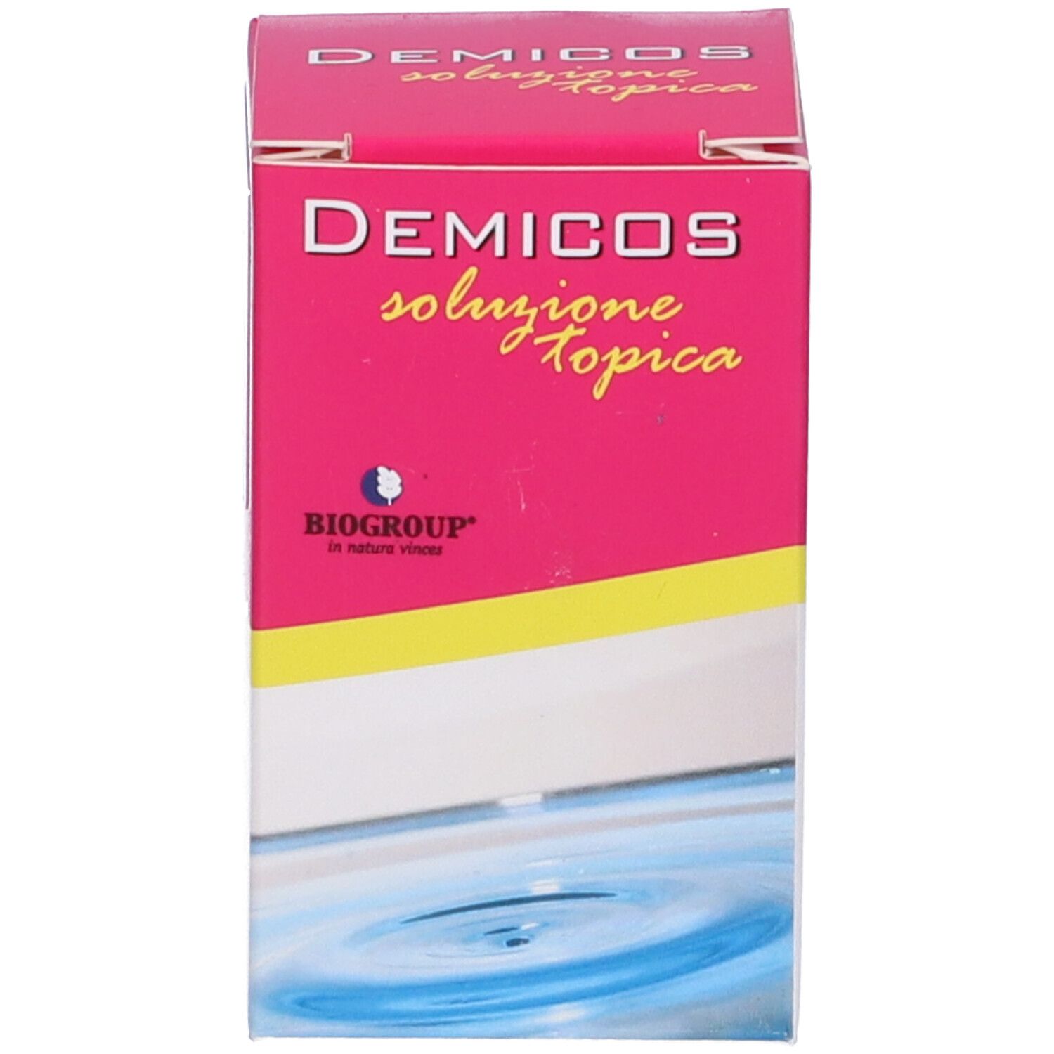 Confezione rosa con nome del prodotto Demicos soluzione topica. Testo bianco e logo.
