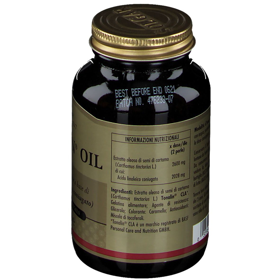 Retro del flacone. Informazioni nutrizionali e ingredienti. Scritta: BEST BEFORE END.