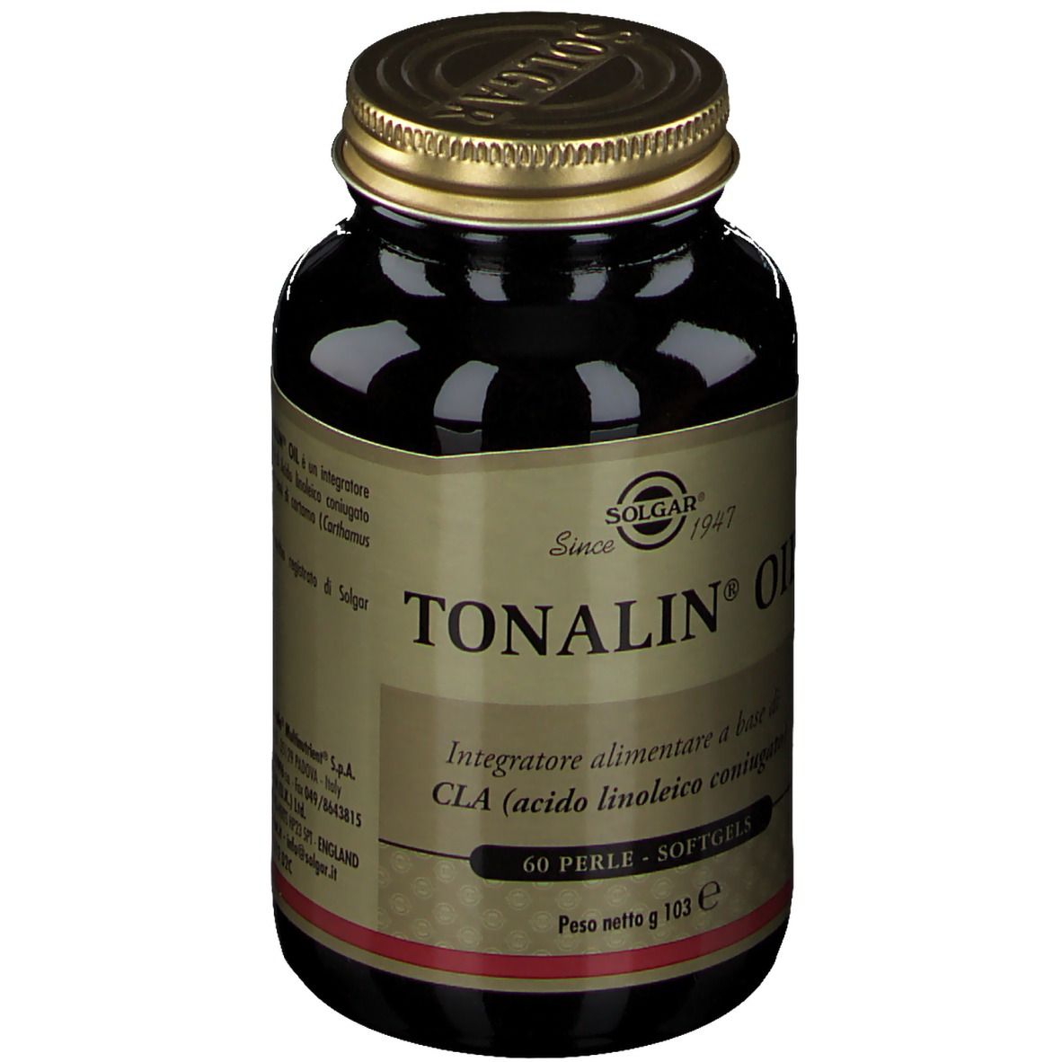 Flacone di vetro marrone con tappo dorato. Scritta: SOLGAR Tonalin Oil, 60 perle-softgels.