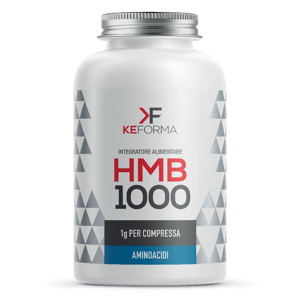 Flacone bianco con tappo argentato. Scritta: HMB 1000, 1g per compresse, Aminoacidi. Marchio: KEFORMA.