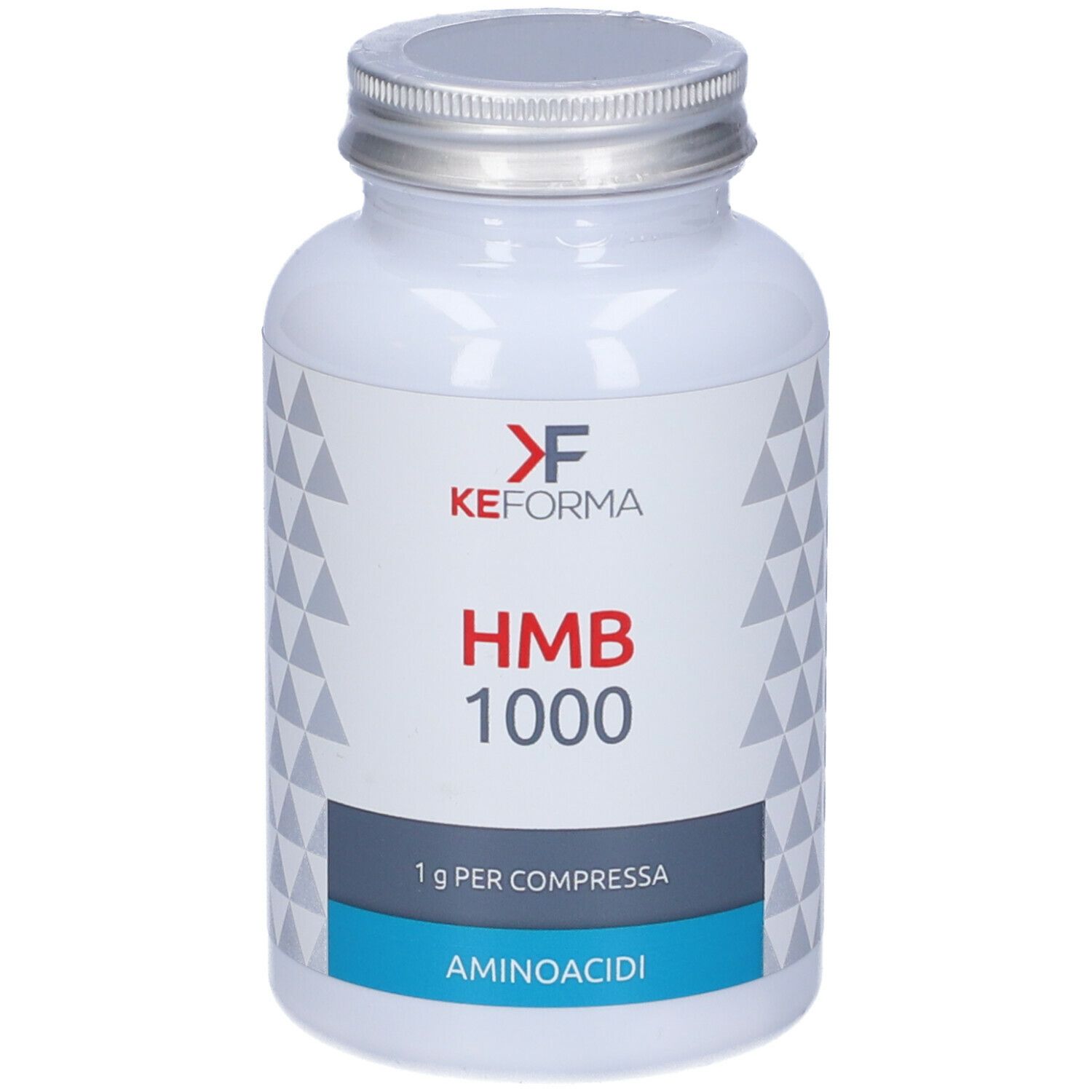 Flacone bianco con tappo argentato. Scritta: HMB 1000, 1g per compresse, Aminoacidi. Marchio: KEFORMA.