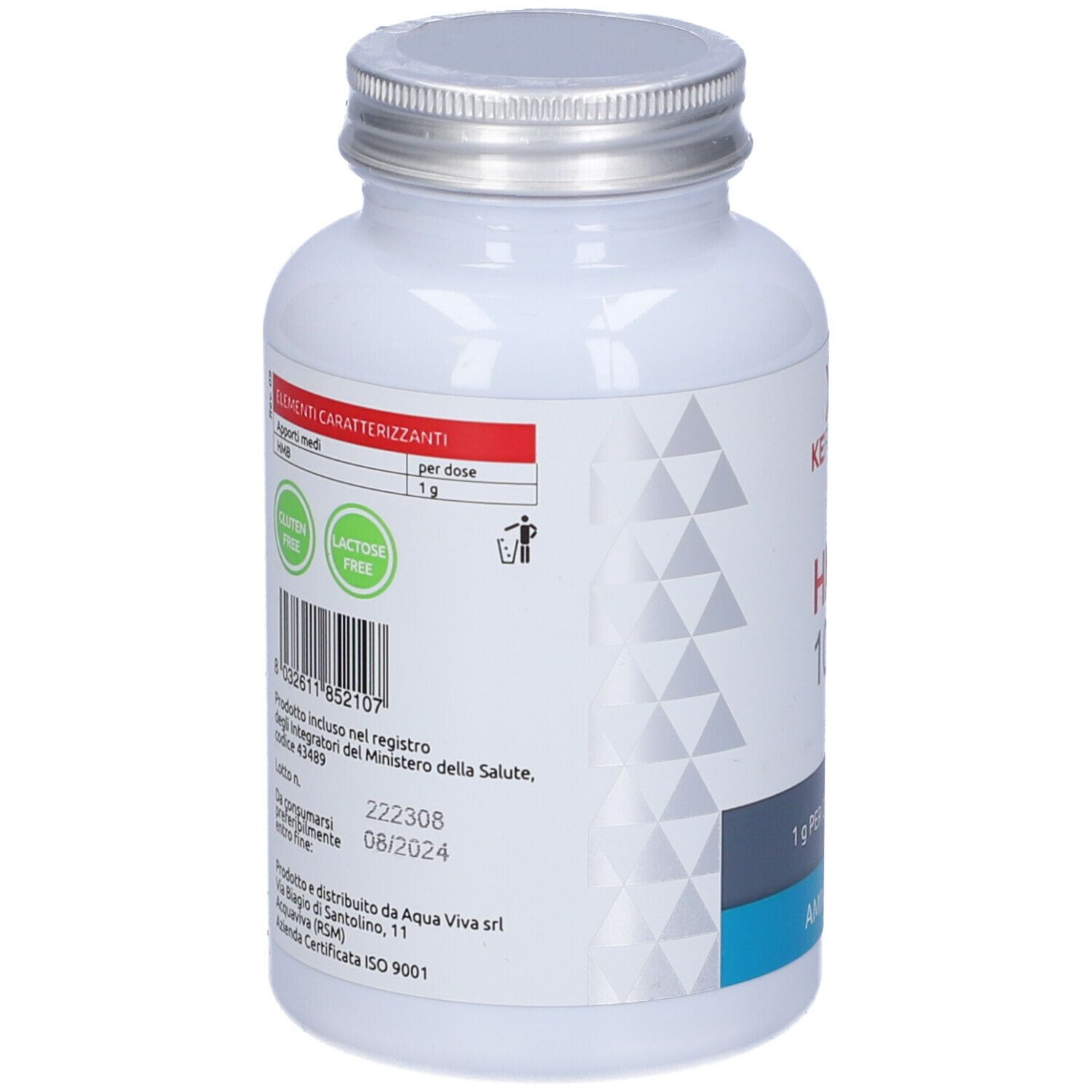 Retro di un flacone bianco con tappo argentato. Testo: ingredienti, numero di lotto, scadenza, ISO 9001.