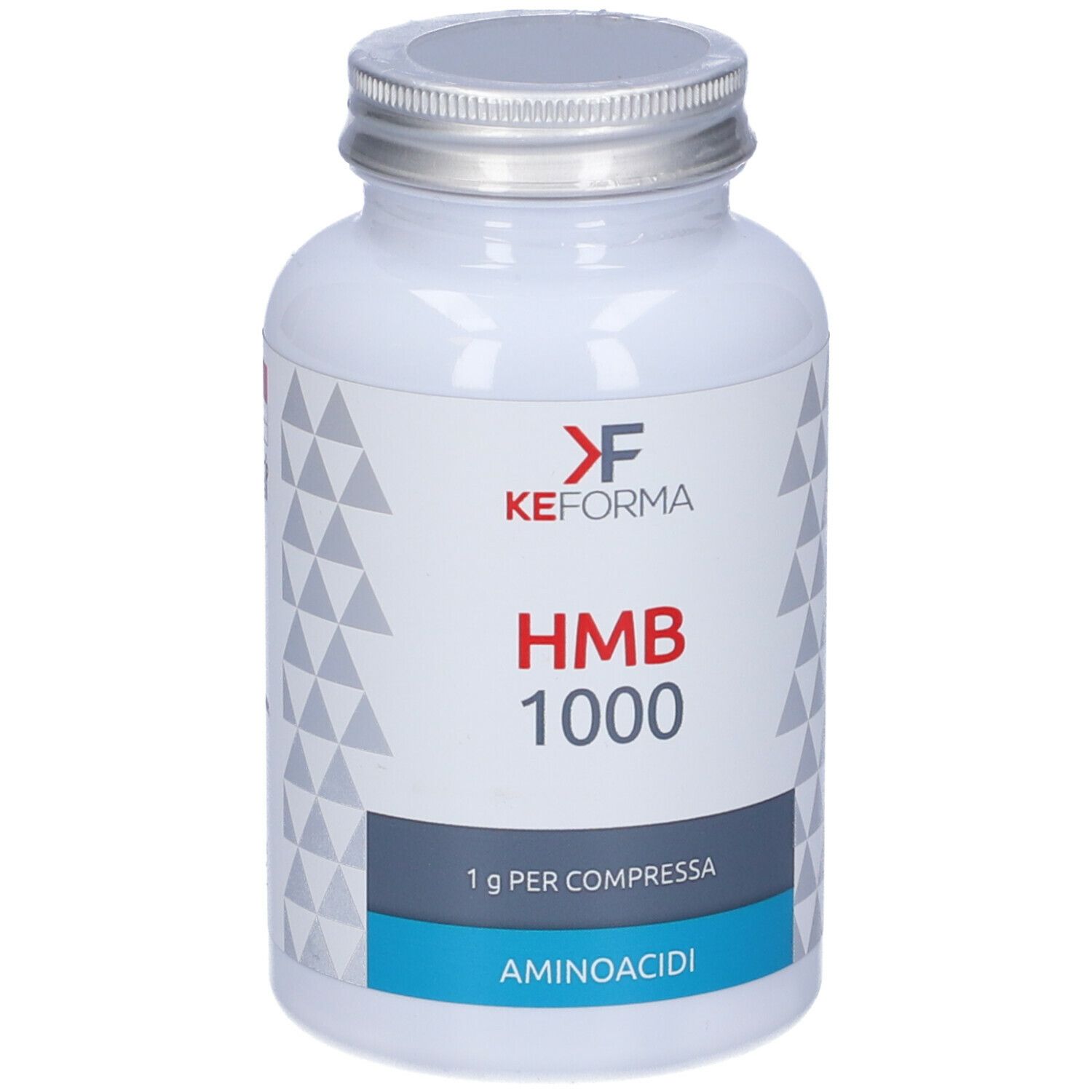 Flacone bianco con tappo argentato. Scritta: HMB 1000, 1g per compresse, Aminoacidi. Marchio: KEFORMA.