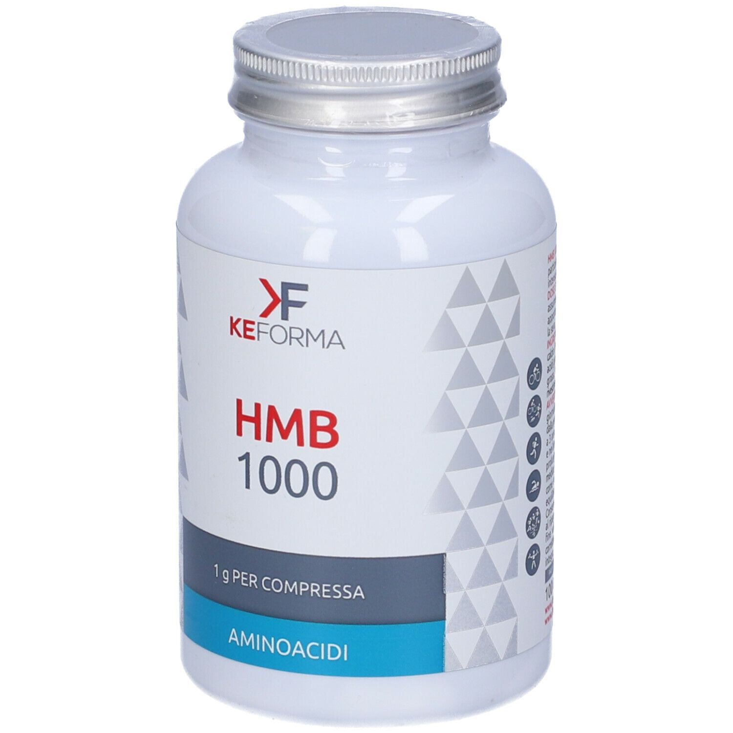 Flacone bianco con tappo argentato. Scritta: HMB 1000, 1g per compresse, Aminoacidi. Marchio: KEFORMA.