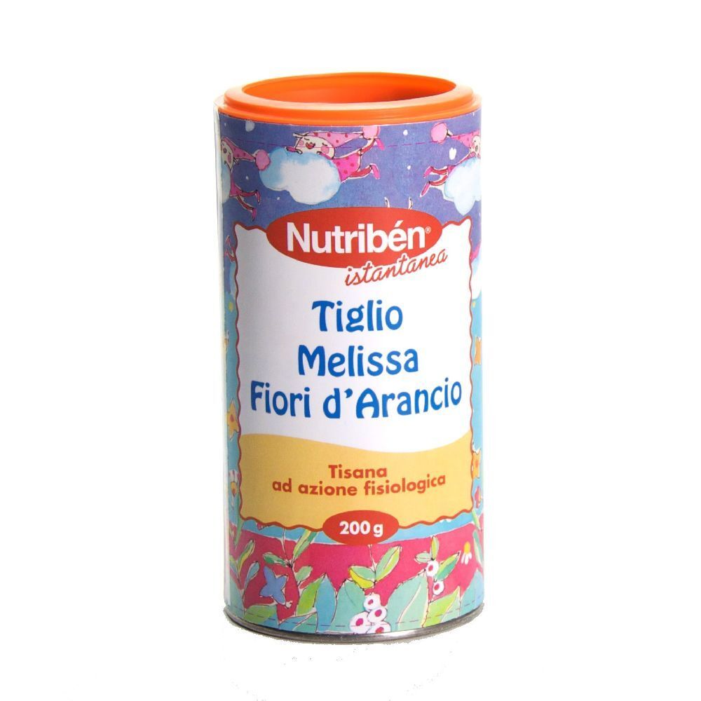 Barattolo rotondo con nome del prodotto e ingredienti. Scritta: Nutribén, Tiglio, Melissa, Fiori d'Arancio. 200 g.