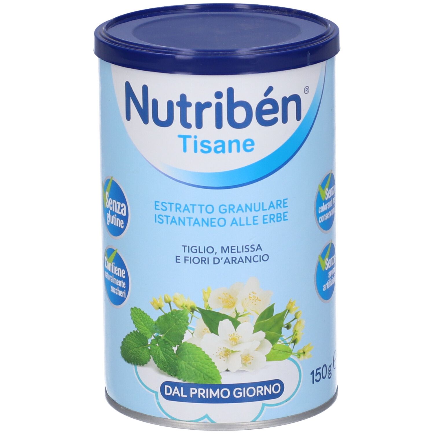 Barattolo cilindrico con coperchio blu. Scritta: Nutribén Tisane, Estratto Granulare, Tiglio, Melissa, Fiori d'Arancio. 150g.