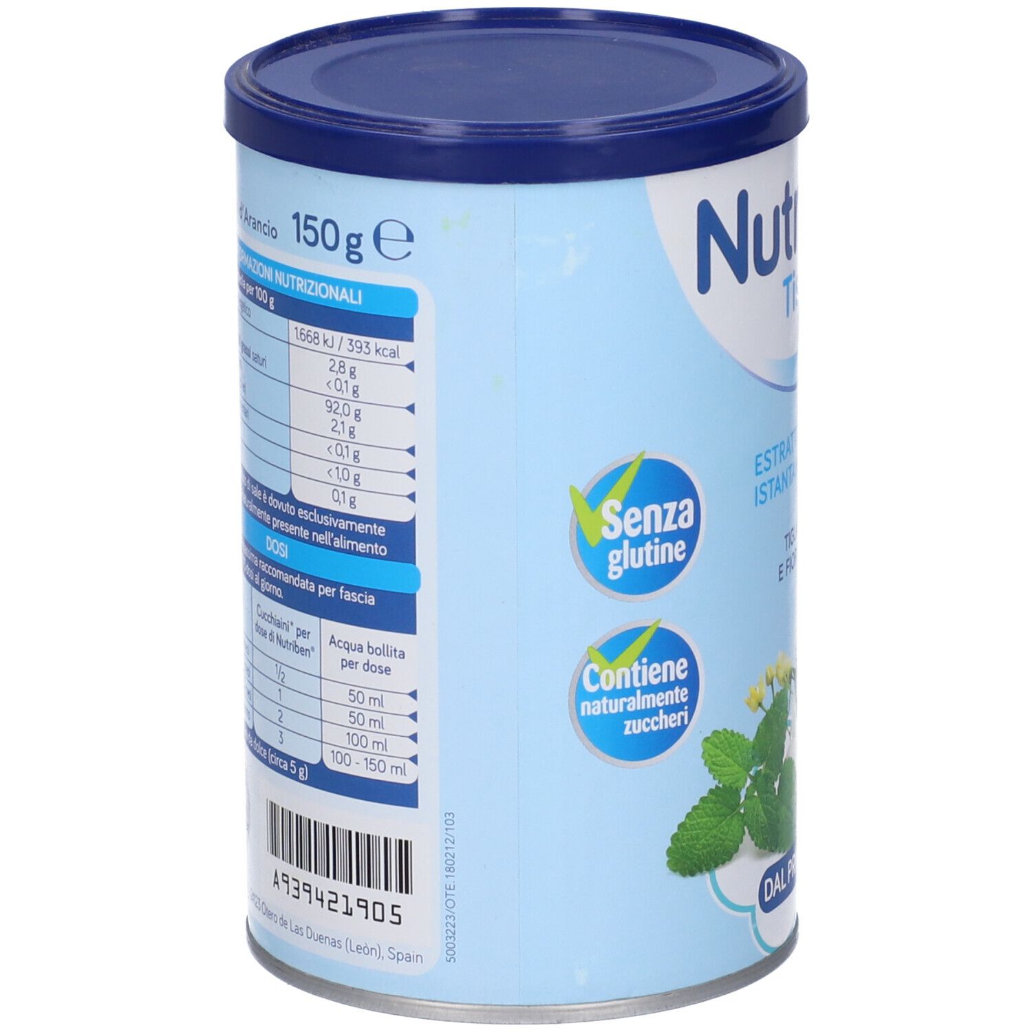 Retro del barattolo. Contiene informazioni nutrizionali e raccomandazioni di dosaggio. Scritta: Nutribén, Senza glutine, Contiene naturalmente zuccheri.