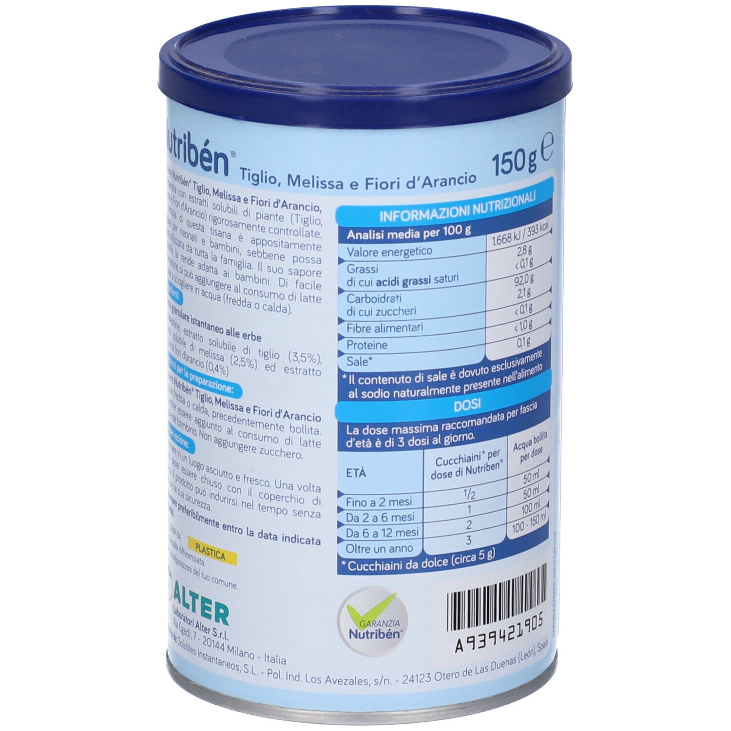 Retro del barattolo con informazioni nutrizionali e raccomandazioni di dosaggio. Scritta: Nutribén, Tiglio, Melissa, Fiori d'Arancio. 150g.