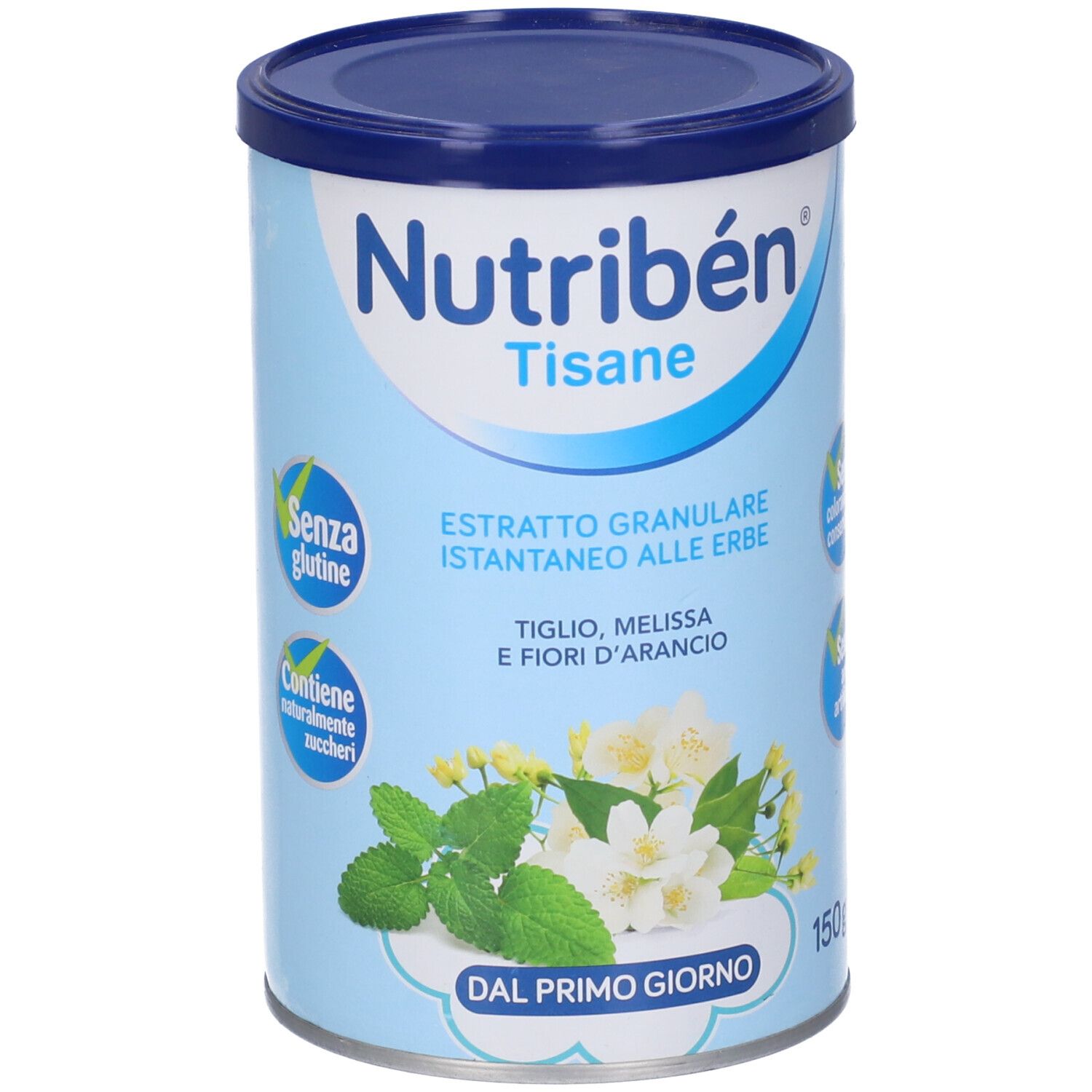Fronte del barattolo. Scritta: Nutribén Tisane, Estratto Granulare, Tiglio, Melissa, Fiori d'Arancio. 150g. Senza glutine.