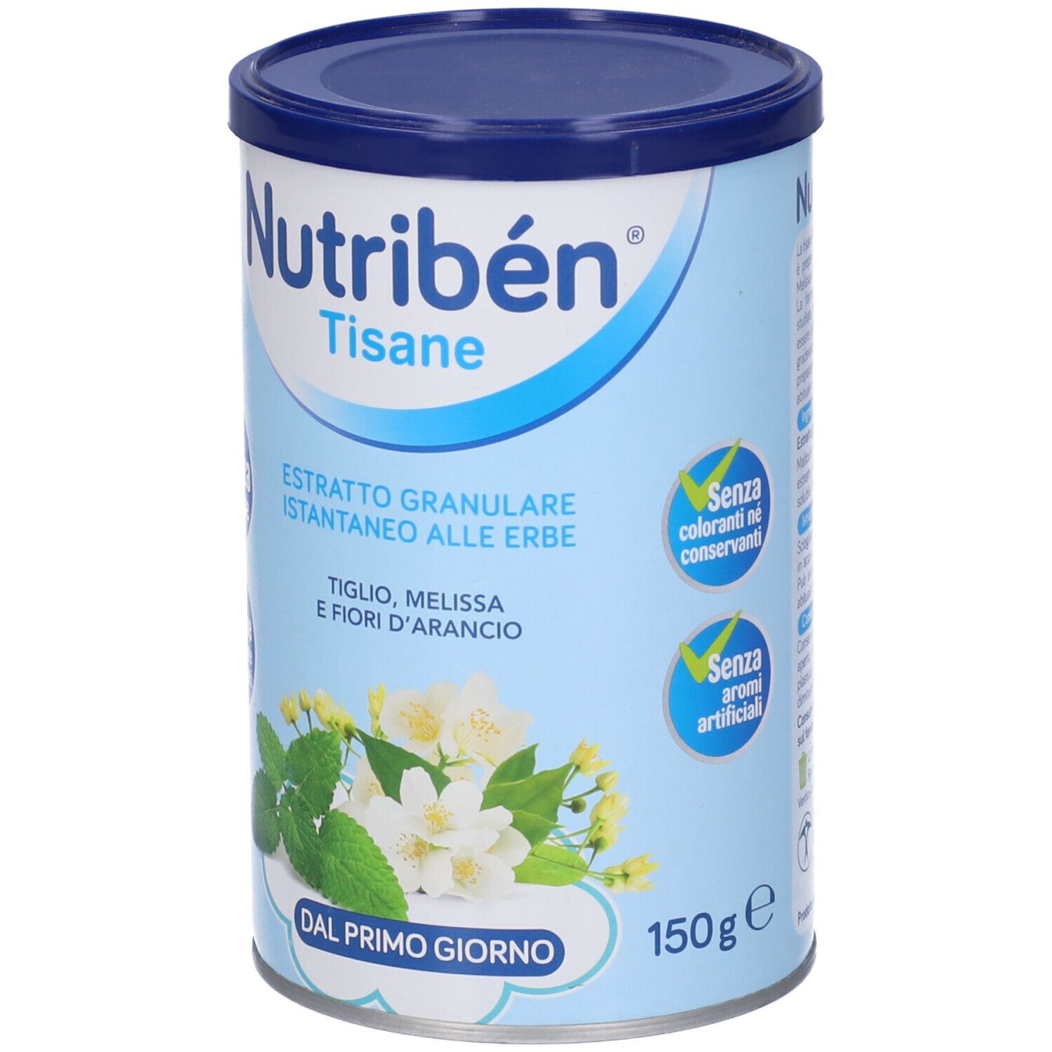 Barattolo con coperchio blu. Scritta: Nutribén Tisane, Estratto Granulare, Tiglio, Melissa, Fiori d'Arancio. 150g. Senza glutine.