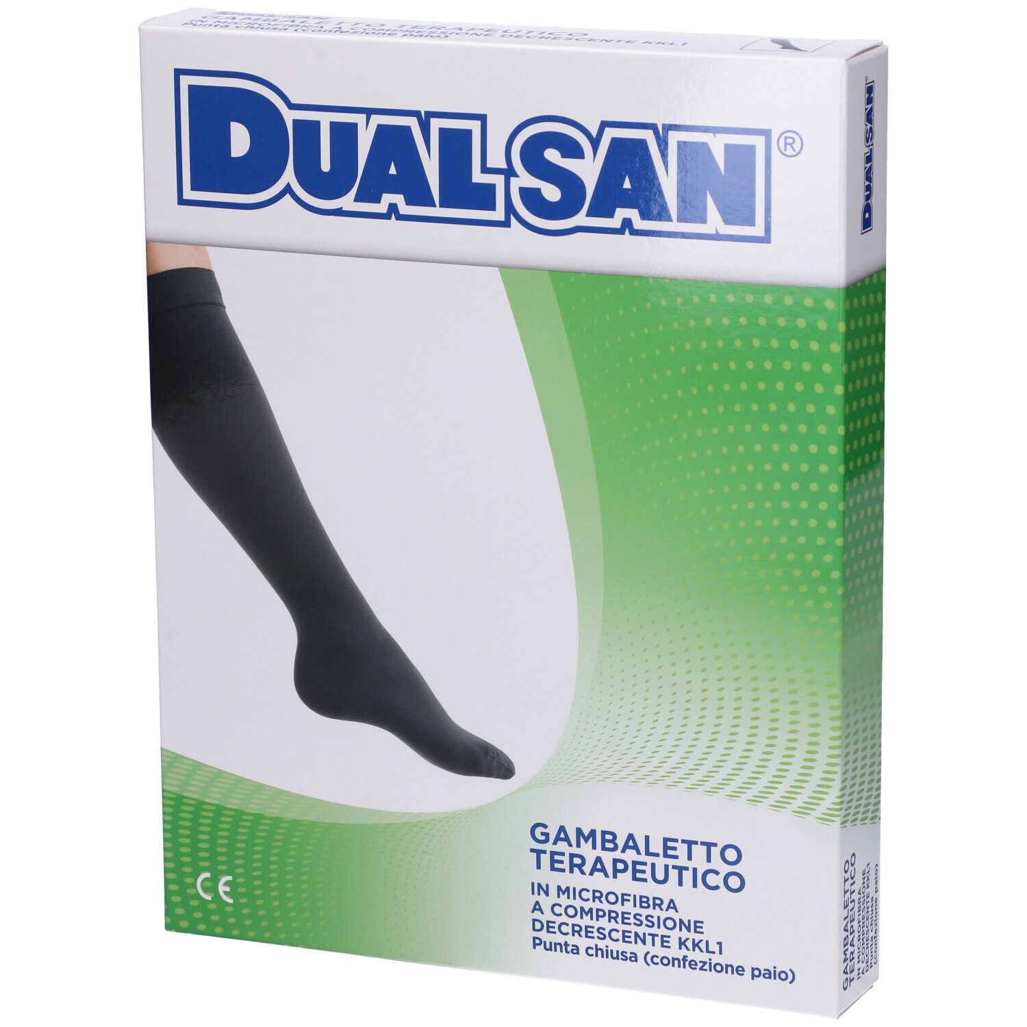 Scatola con calza a compressione nera. Marchio Dualsan. Testo: Gambaletto Terapeutico.
