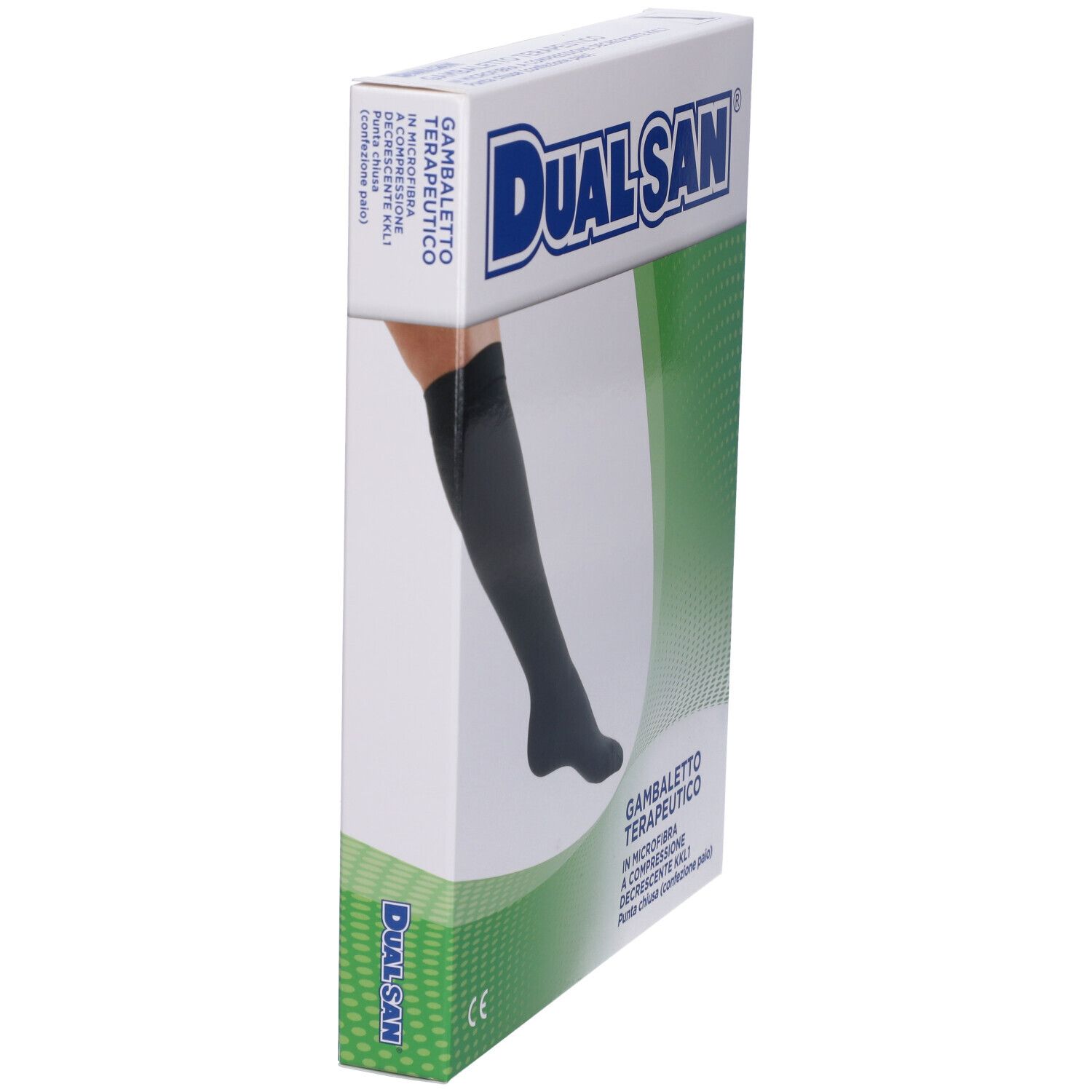 Scatola con calza a compressione nera. Marchio Dualsan. Testo: Gambaletto Terapeutico.