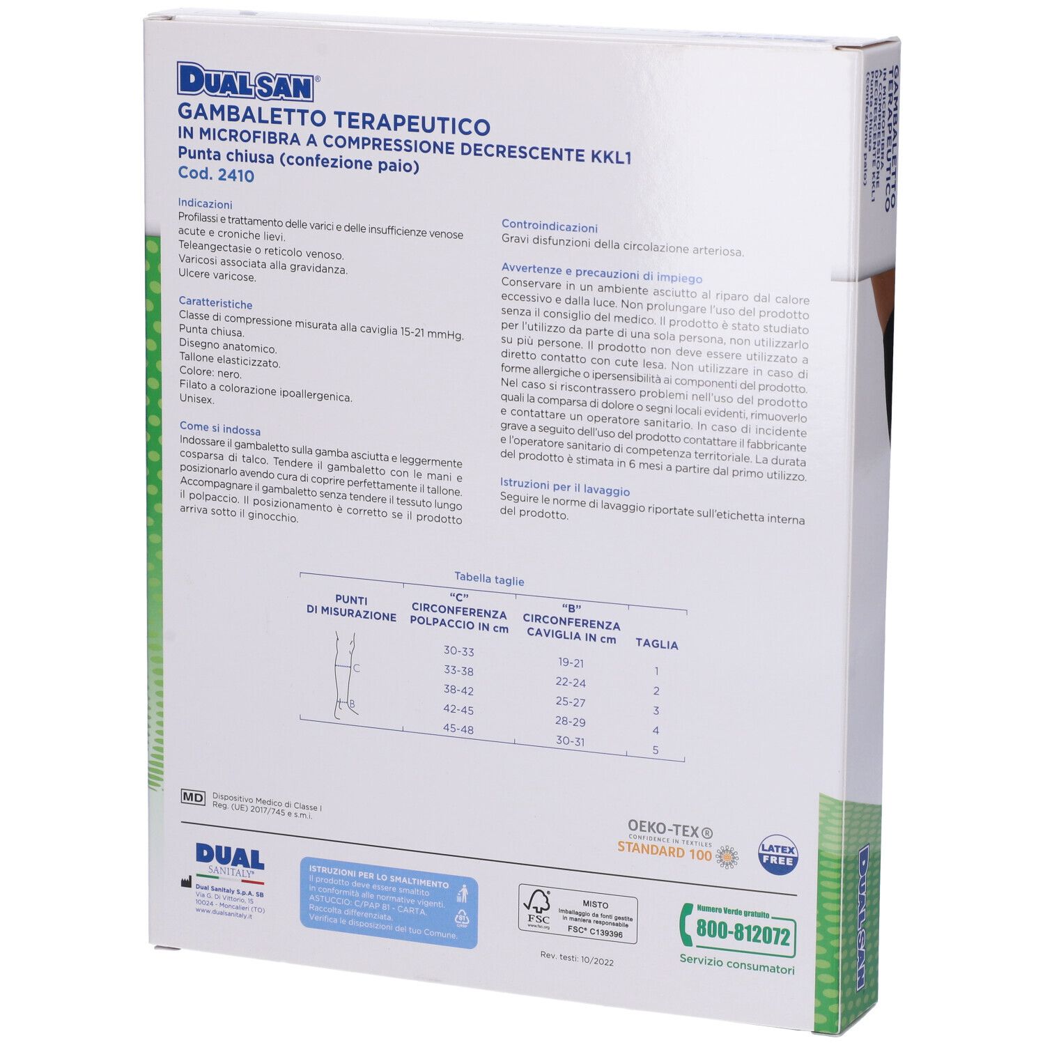 Retro della scatola. Testo: Gambaletto Terapeutico, Dualsan. Informazioni e tabella taglie.
