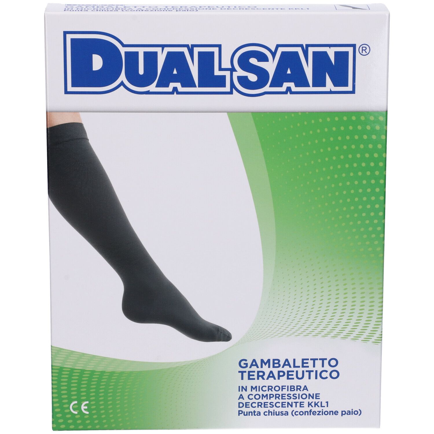 Scatola con calza a compressione nera. Marchio Dualsan. Testo: Gambaletto Terapeutico.
