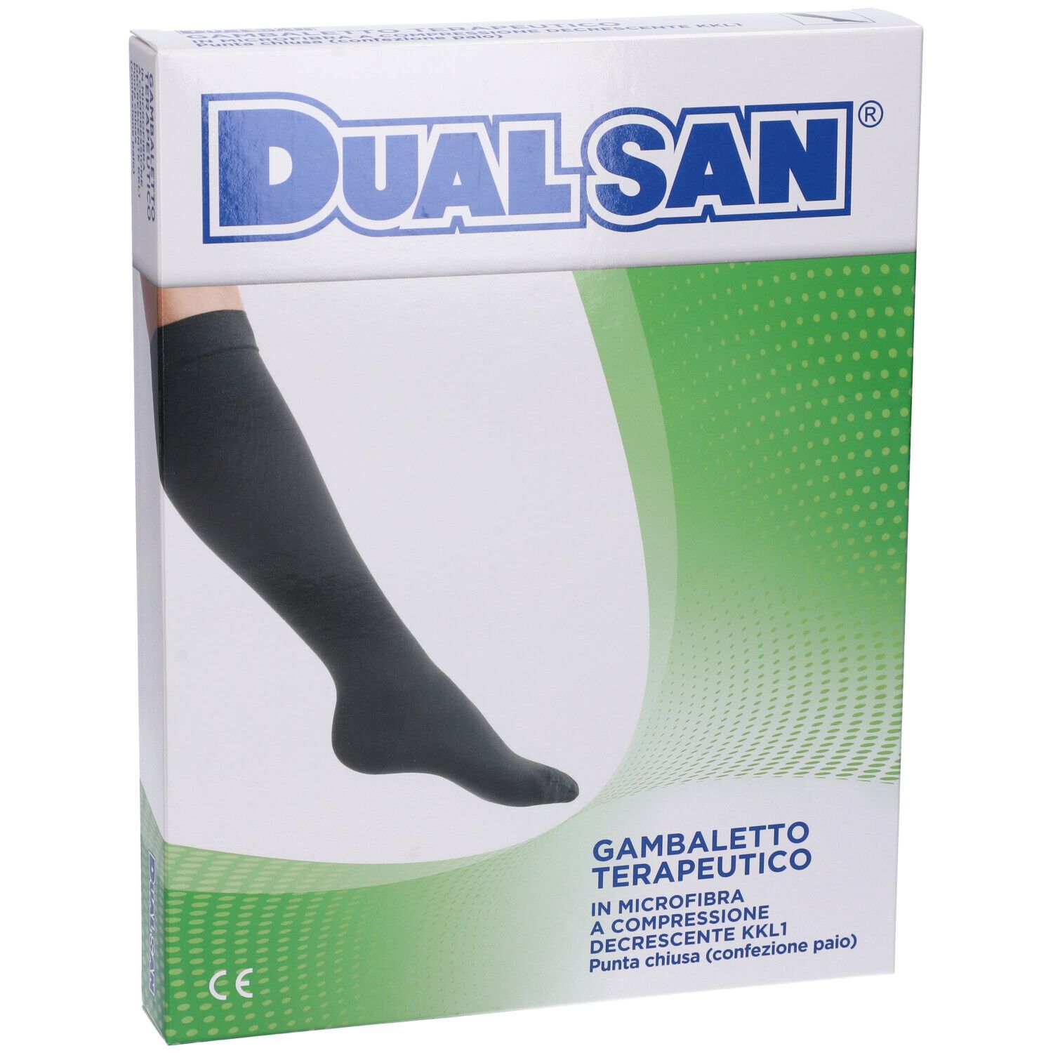 Scatola con calza a compressione nera. Marchio Dualsan. Testo: Gambaletto Terapeutico.