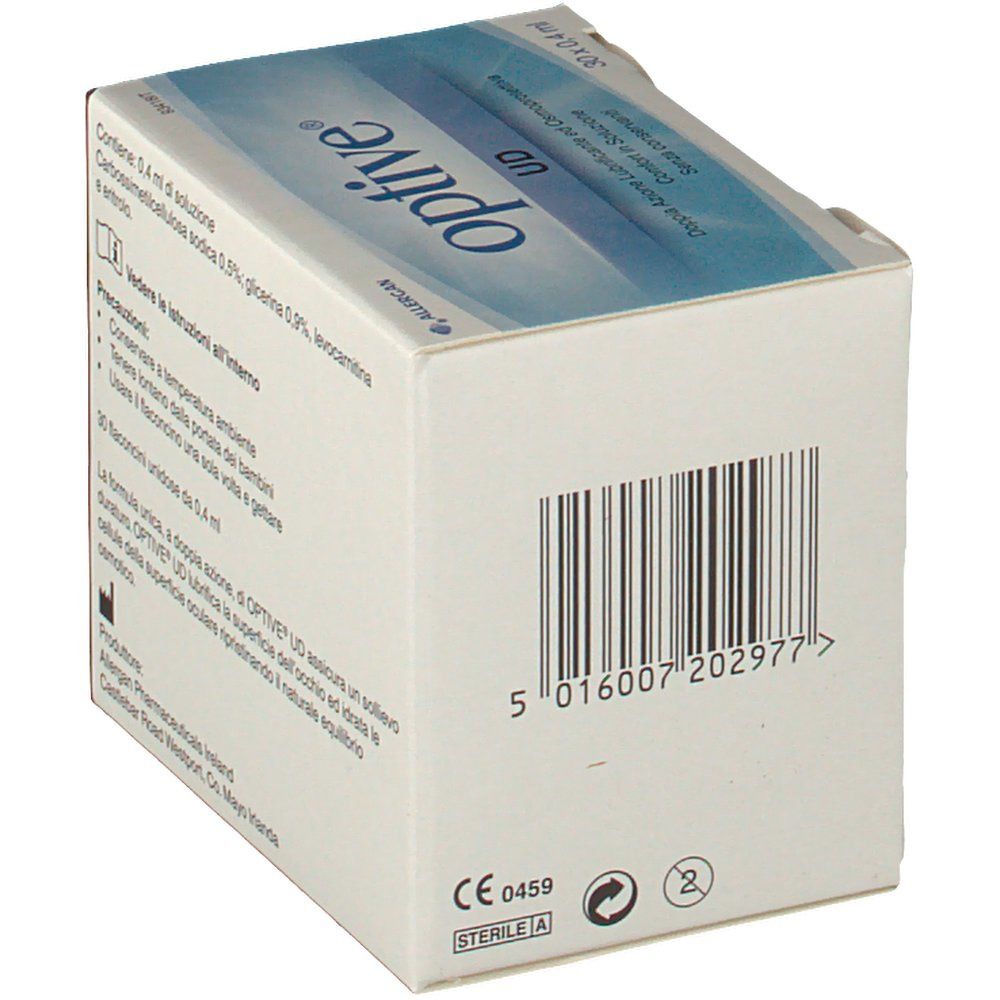 Optive UD Augentropfen-Box, 30x0,4ml, mit Barcode und CE-Kennzeichnung.