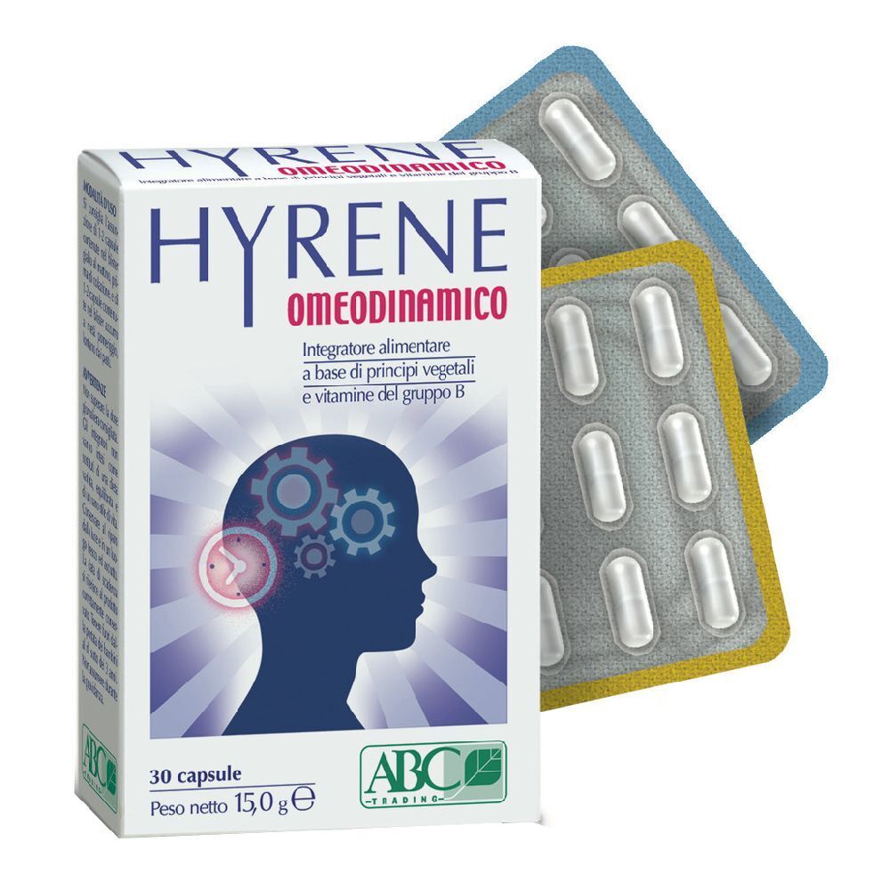 Scatola di capsule HYRENE OMEODINAMICO. 30 capsule. Logo ABC Trading. Blister di capsule.